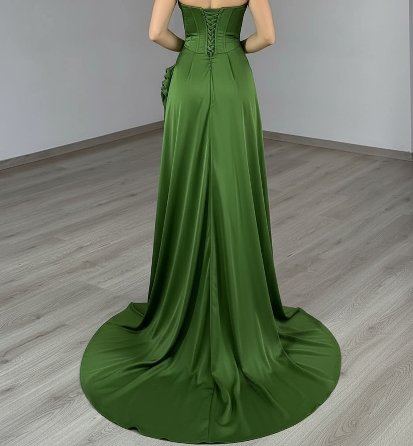 Strapless Ruched Lace Up Bodice Mermaid Prom Dress With Drop - Green