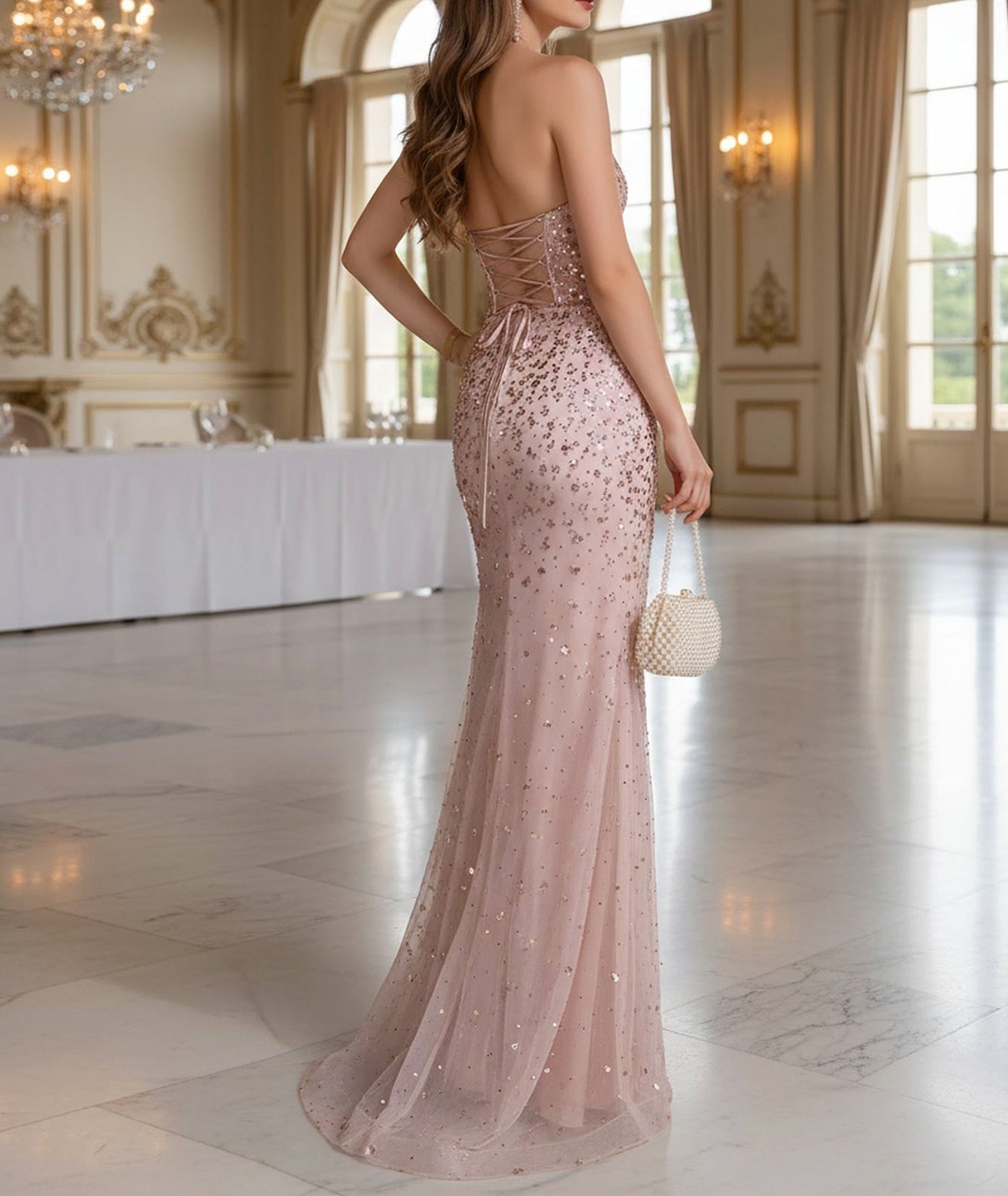 Sparkly Strapless Hand Beading Lace Up Bodice Mermaid Prom Dress - Champagne