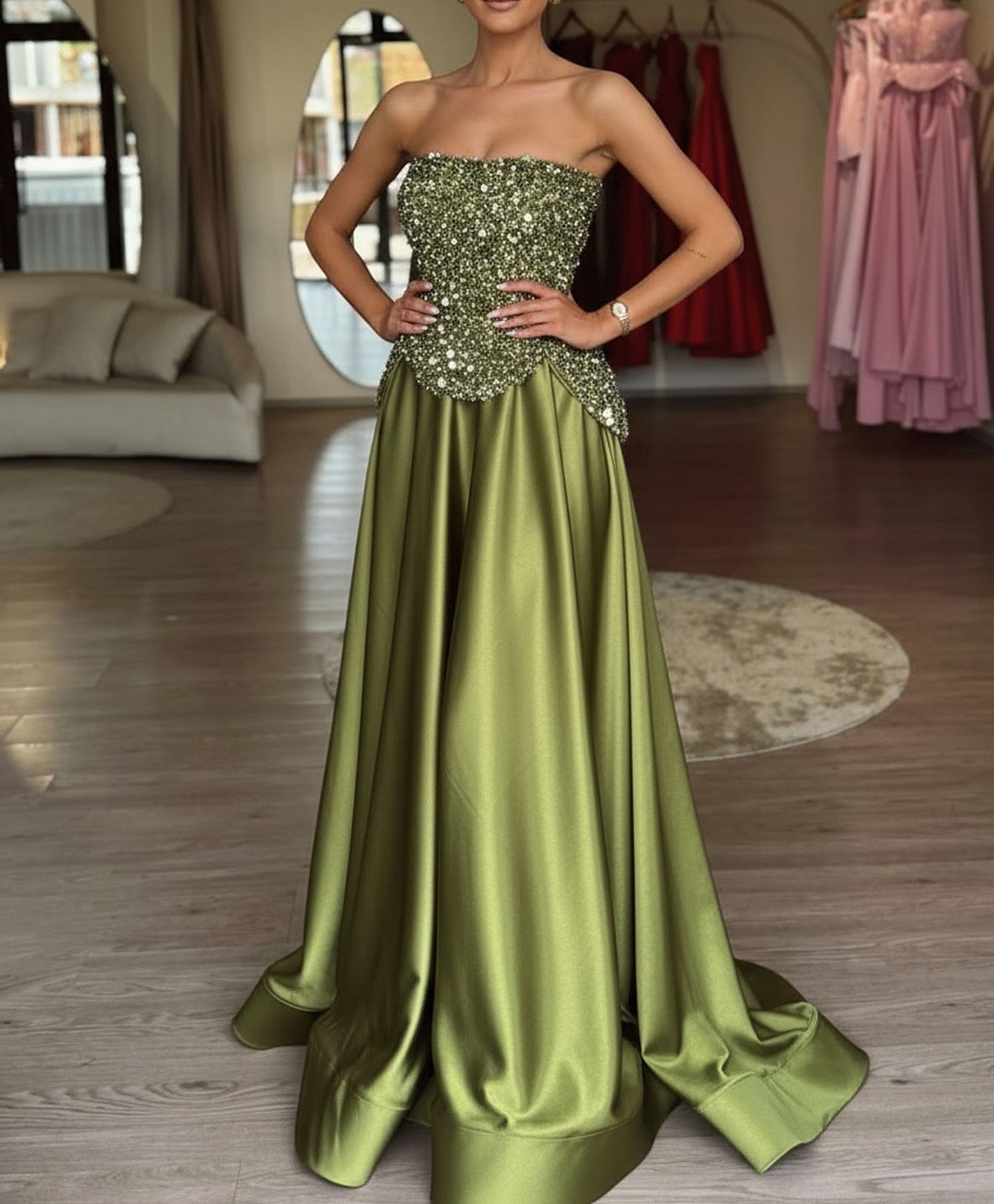 Luxury Two-Piece Sequin Top Satin Skirt Long Prom Dress - Olive Green