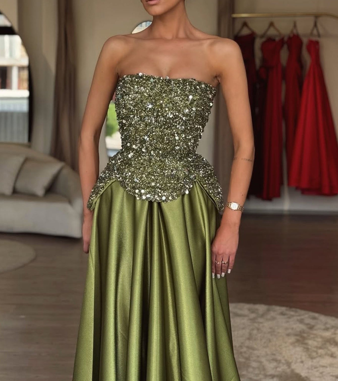 Luxury Two-Piece Sequin Top Satin Skirt Long Prom Dress - Olive Green