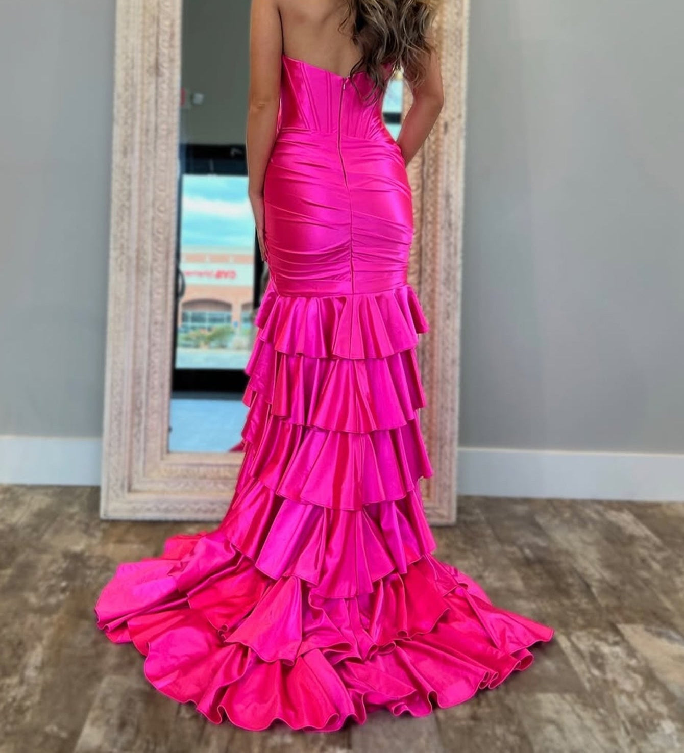 Boned Bodice Strapless Mermaid Prom Dress With Ruffle - Hot Pink