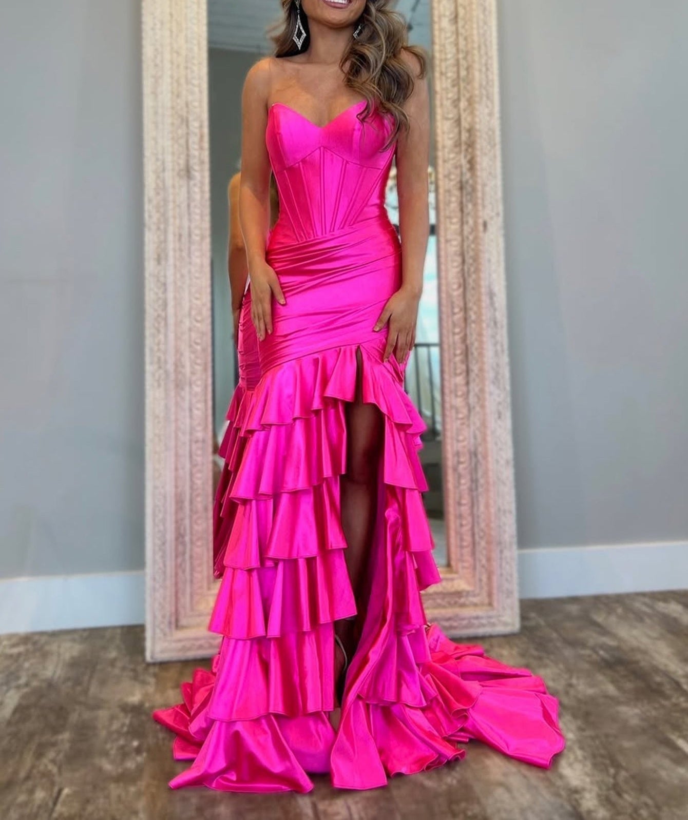 Boned Bodice Strapless Mermaid Prom Dress With Ruffle - Hot Pink