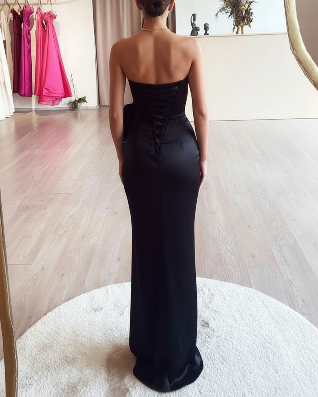 Removable Handmade Flower Strapless Long Prom Dress - Black