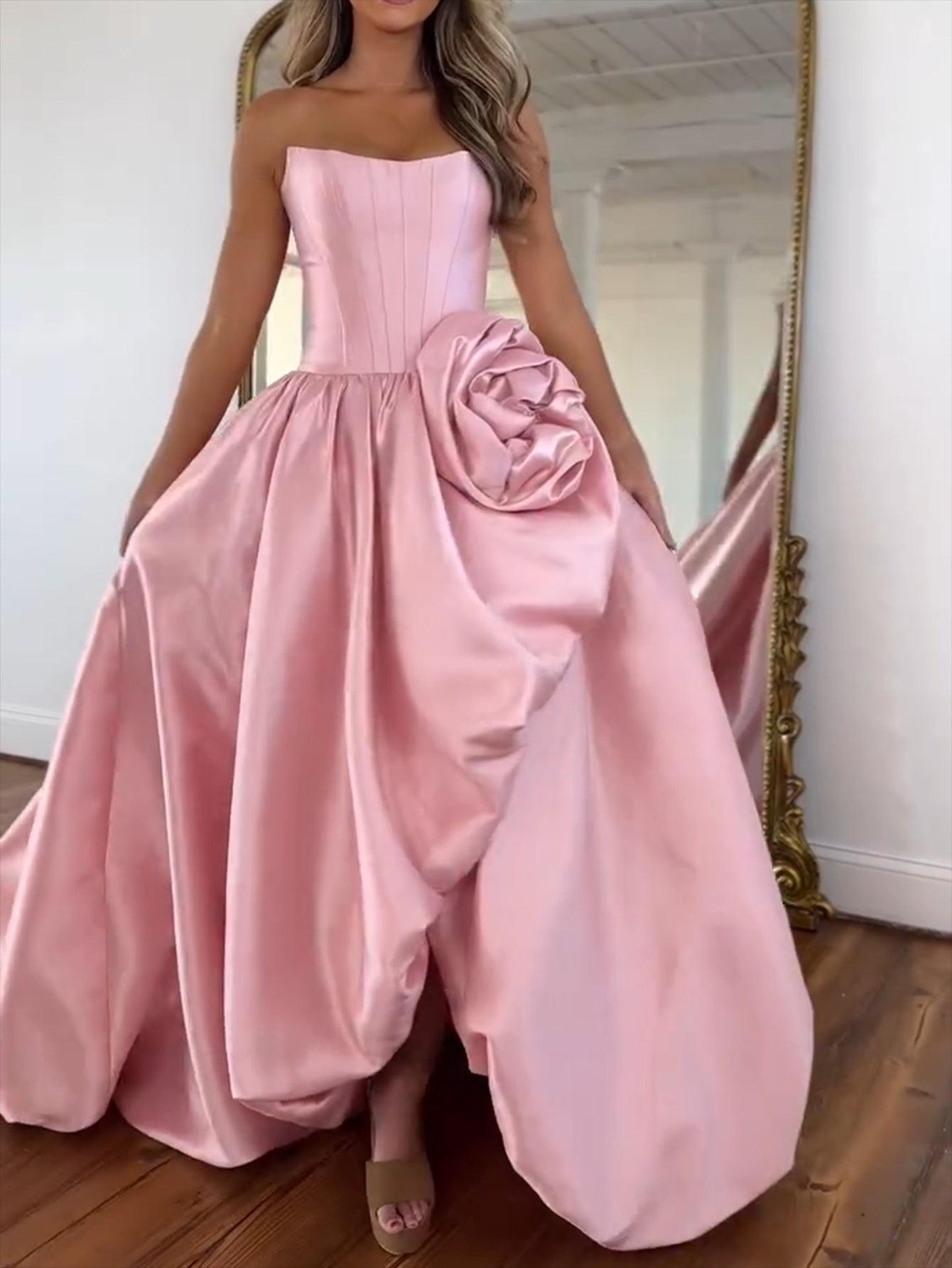 Derachable Hand Made Flower Bodice Ball Gown Prom Dress - Pink