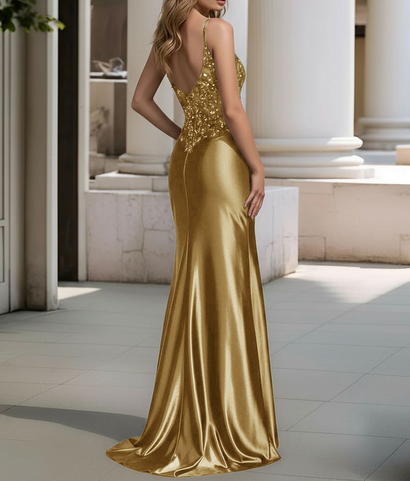 Sparkly Lace Sheer Bodice Long Mermaid Prom Dress - Gold