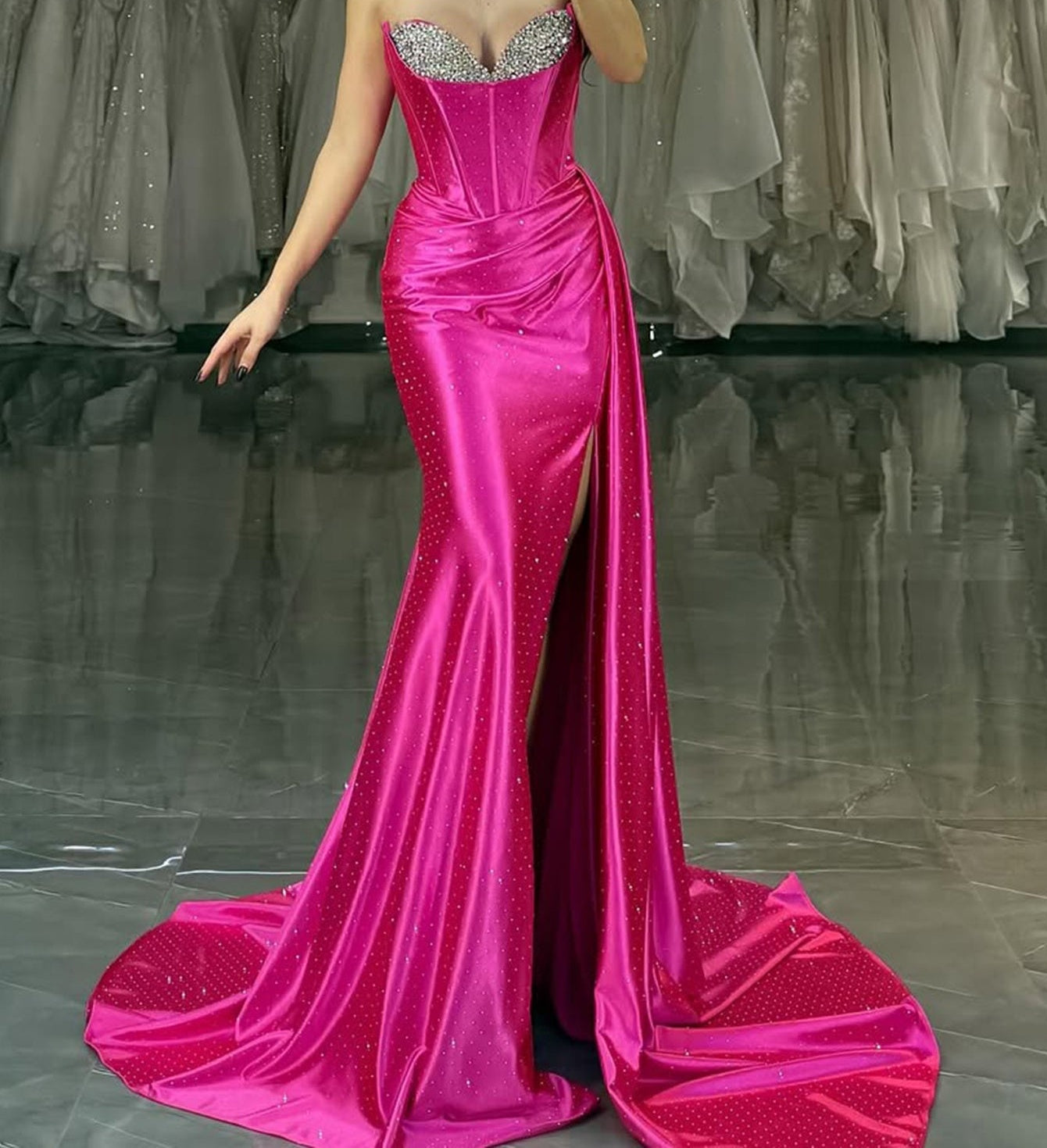 Sparkly Sweetheart Slit Mermaid Long Prom Dress With Drop - Hot Pink