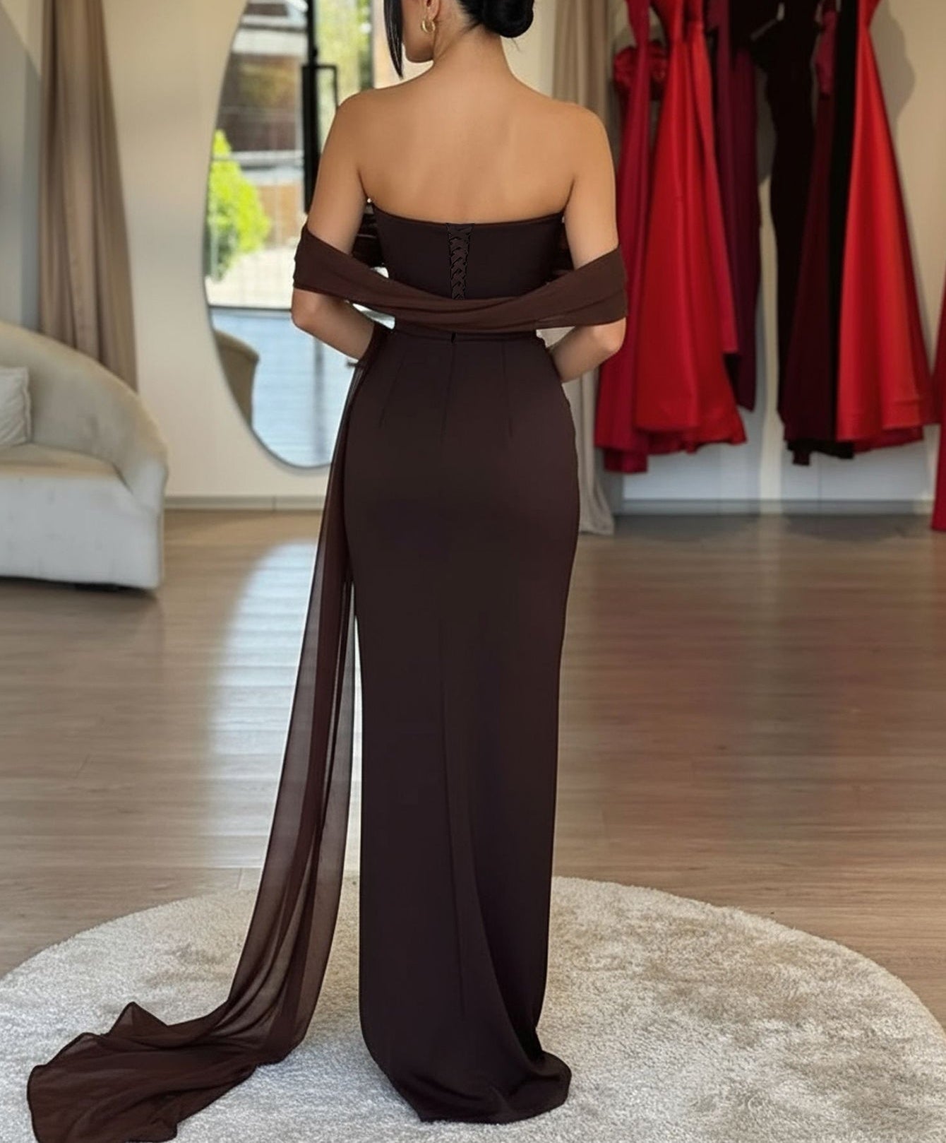 One Shoulder Sheath Long Prom Dress With Drop - Brown
