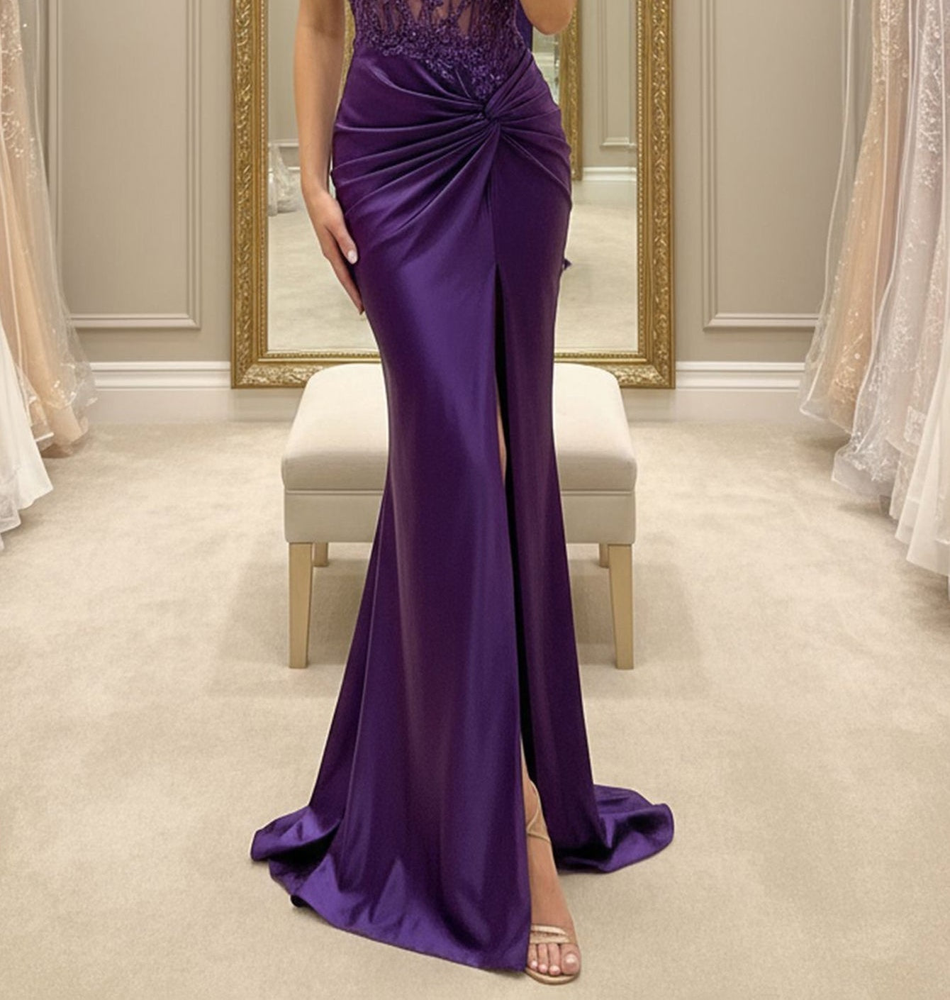 Lace Embroidery Twist Mermaid Long Prom Dress - Purple