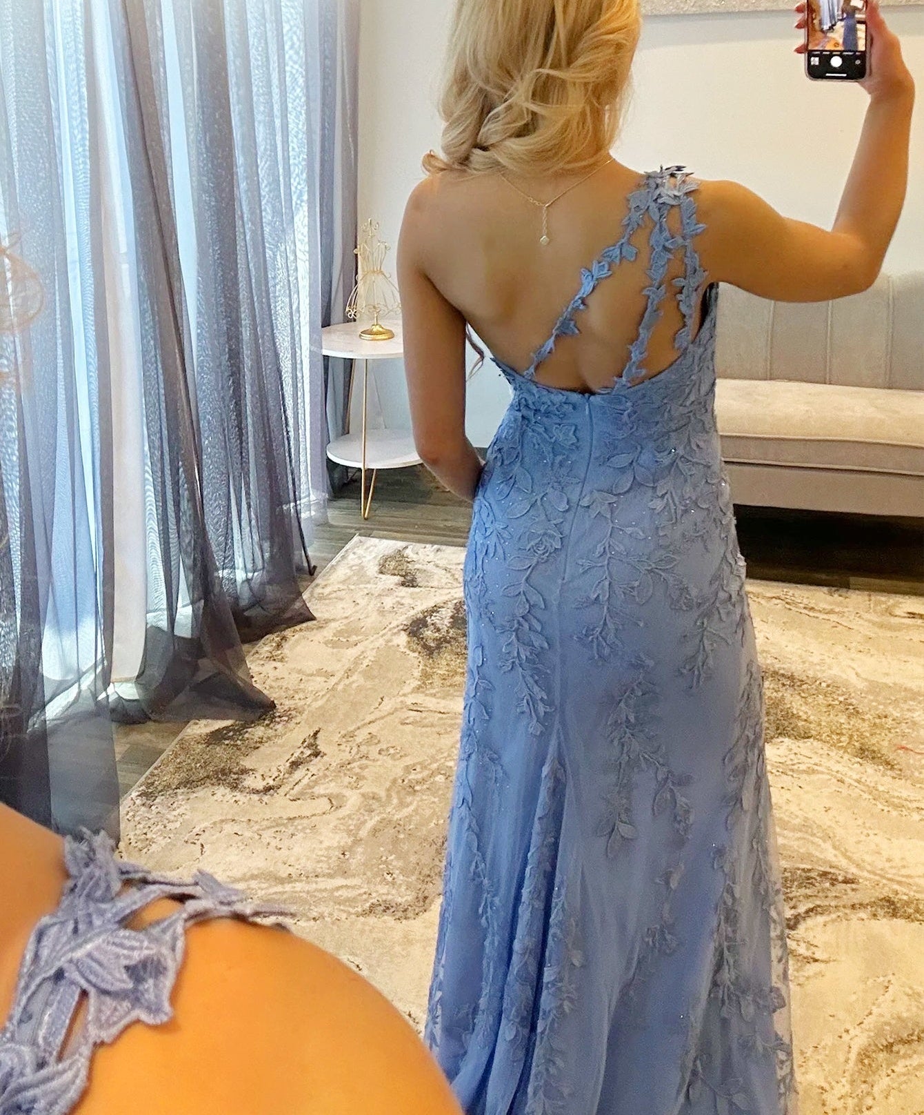 One Shoulder Lace 3D Rose Prom Dress With Slit - Blue