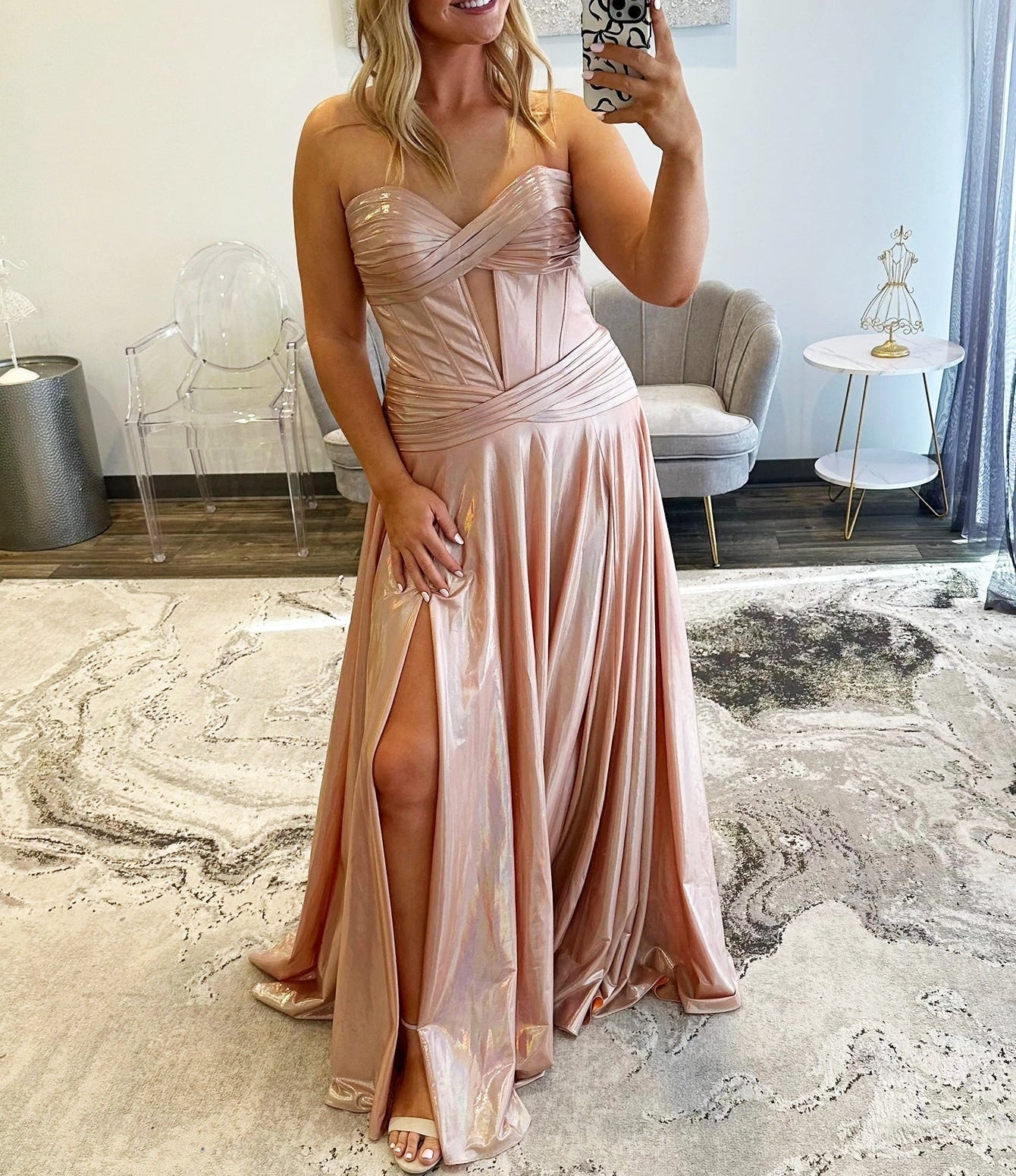 A-Line Cut Front Pleated Long Prom Dress - Blush Pink