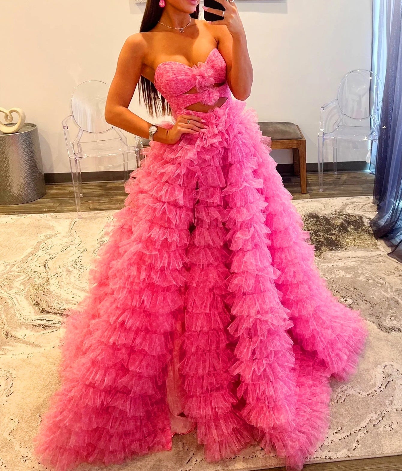 Cut Front 3D Rose Ruffle Ball Gown Prom Dress - Hot Pink