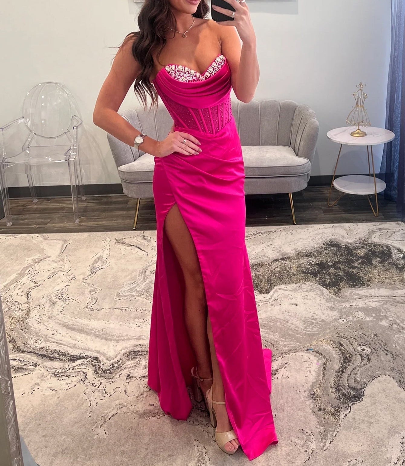 Crystal Bodice Mermaid Prom Dress With Slit - Hot Pink