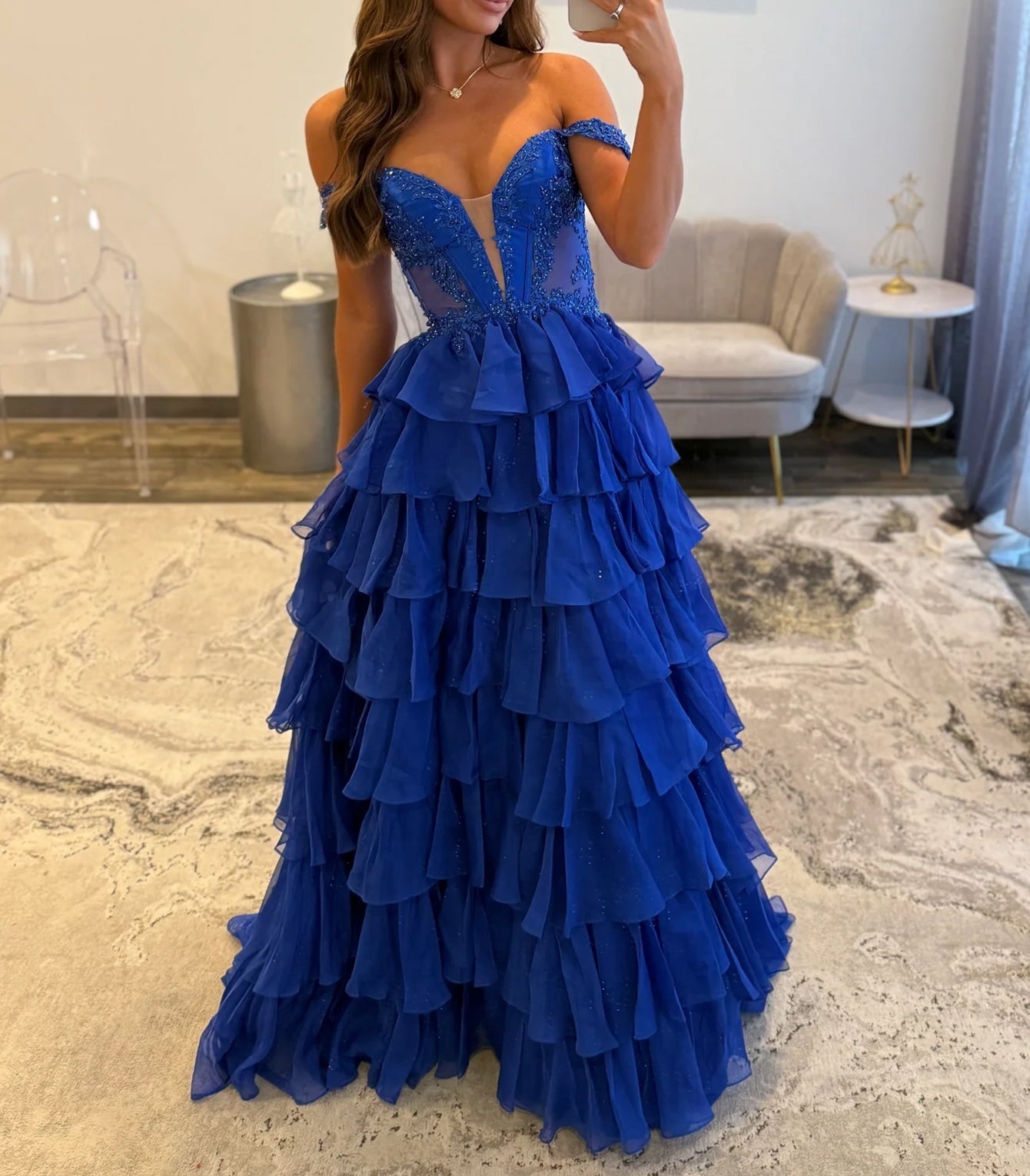 Lace Embroidery Layered Ball Gown Prom Dress - Royal Blue
