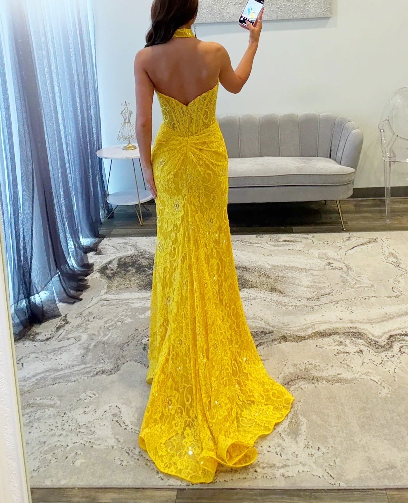 Hand Made Flower Lace Mermaid Prom Dress - Yellow