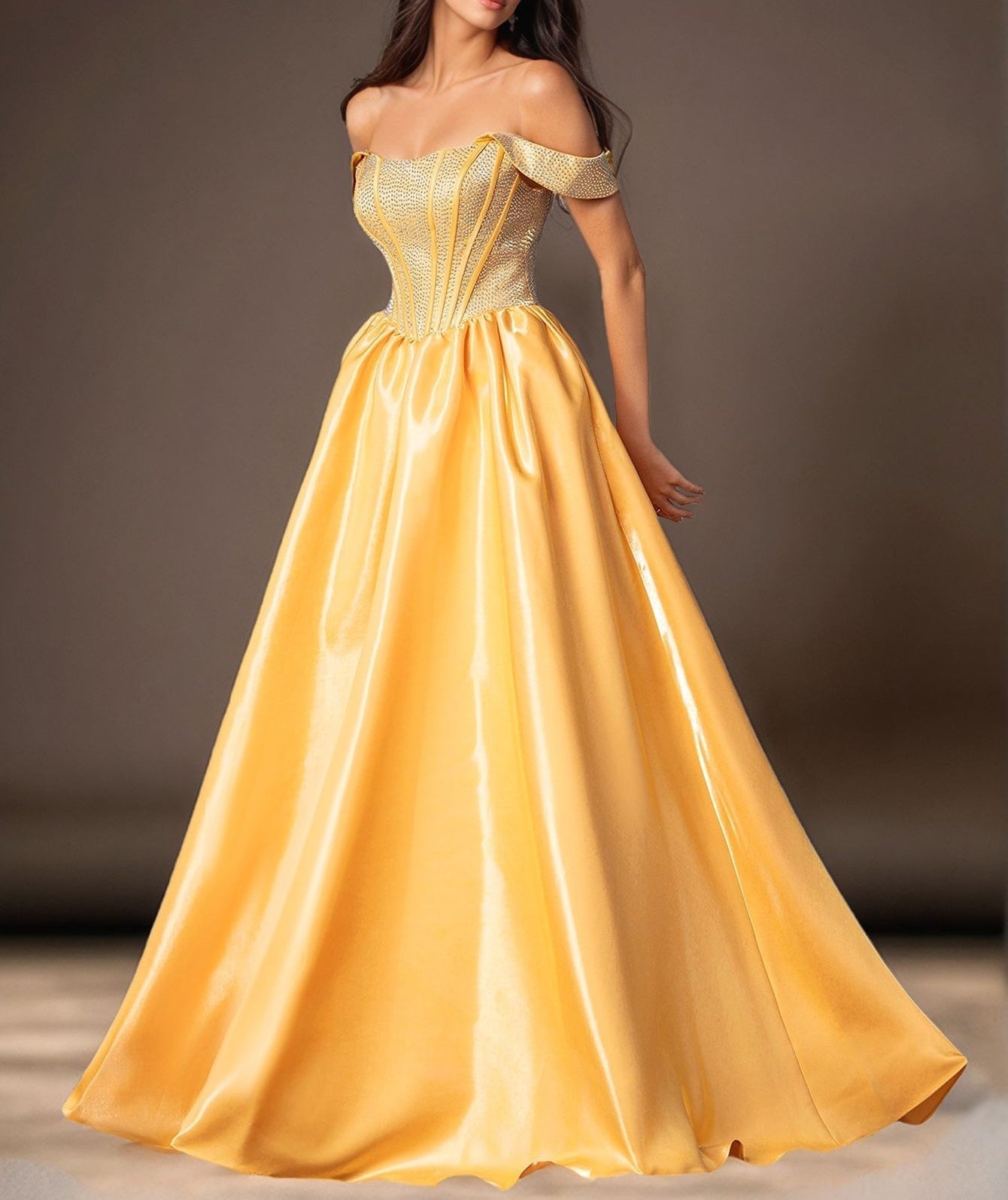 Off Shoulder Crystal Boned Ball Gown Prom Dress - Yellow