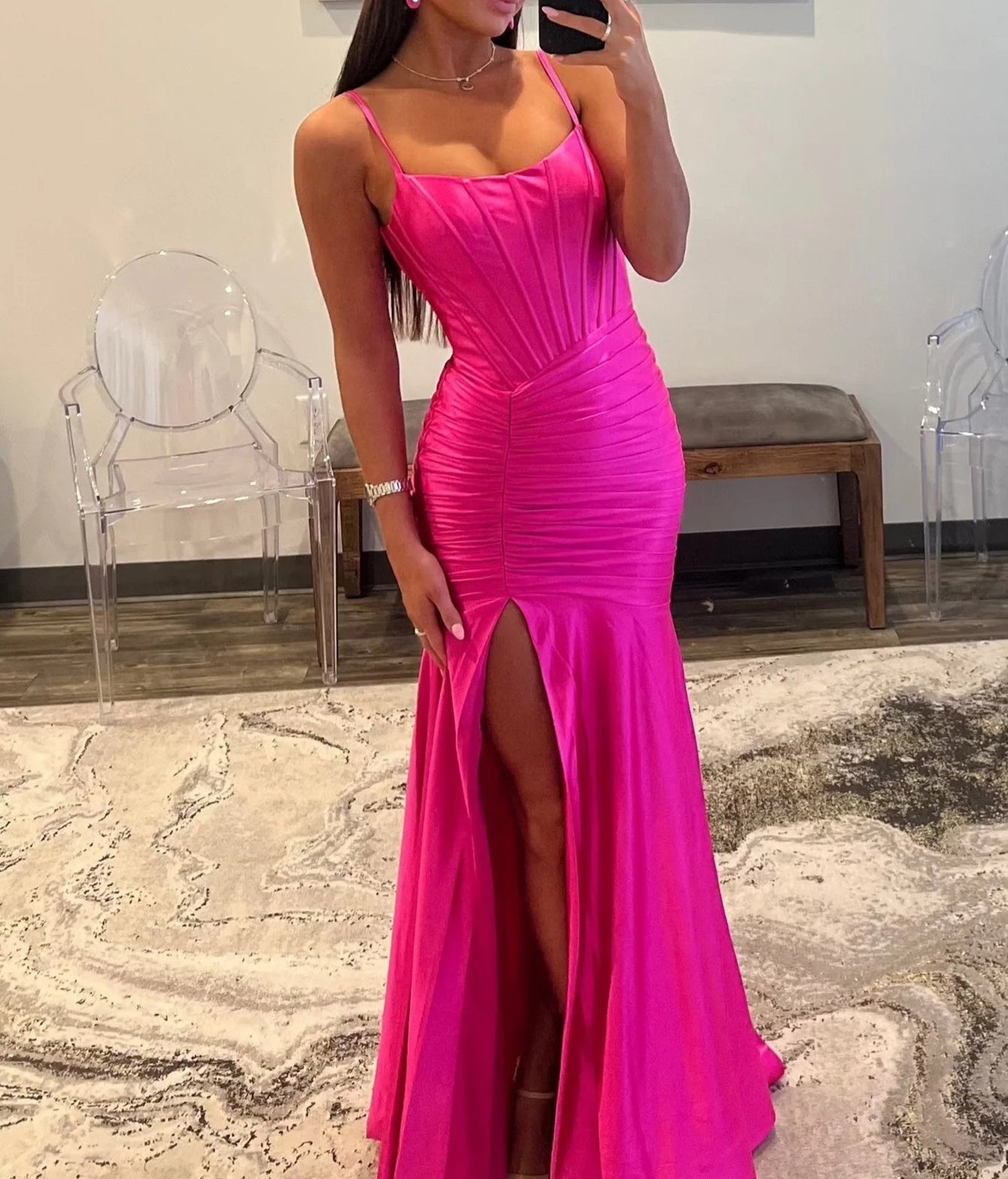 Scoop Boned Mermaid Prom Dress With Slit - Hot Pink