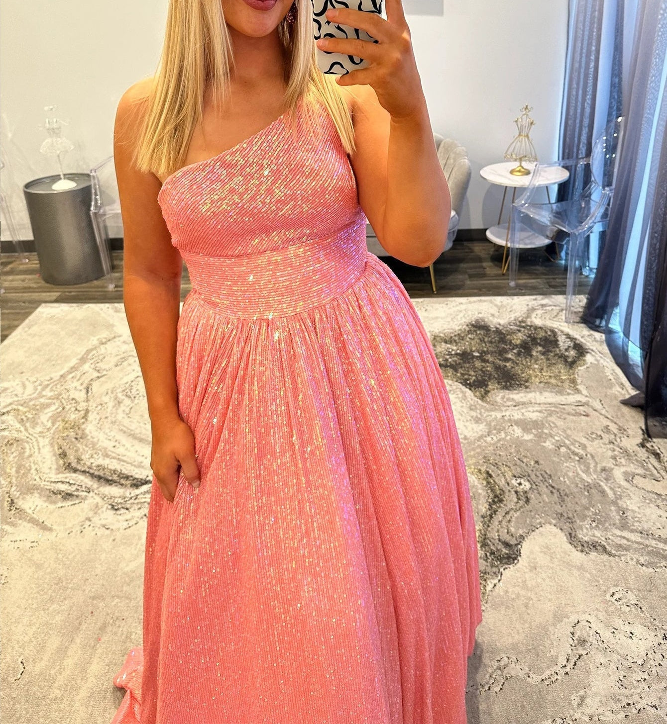 Sparkly Bodice One Shoulder Long Prom Dress - Pink