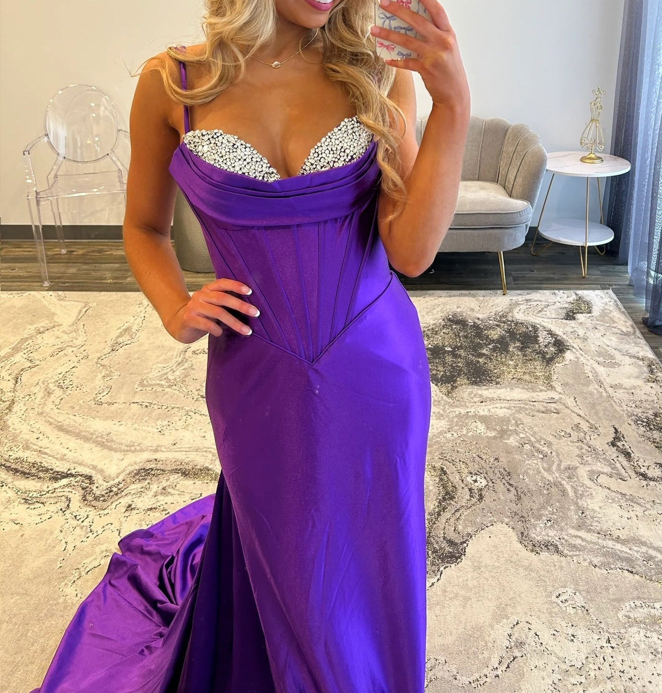 Crystal Boned Mermaid Prom Dress With Waist Drop - Purple