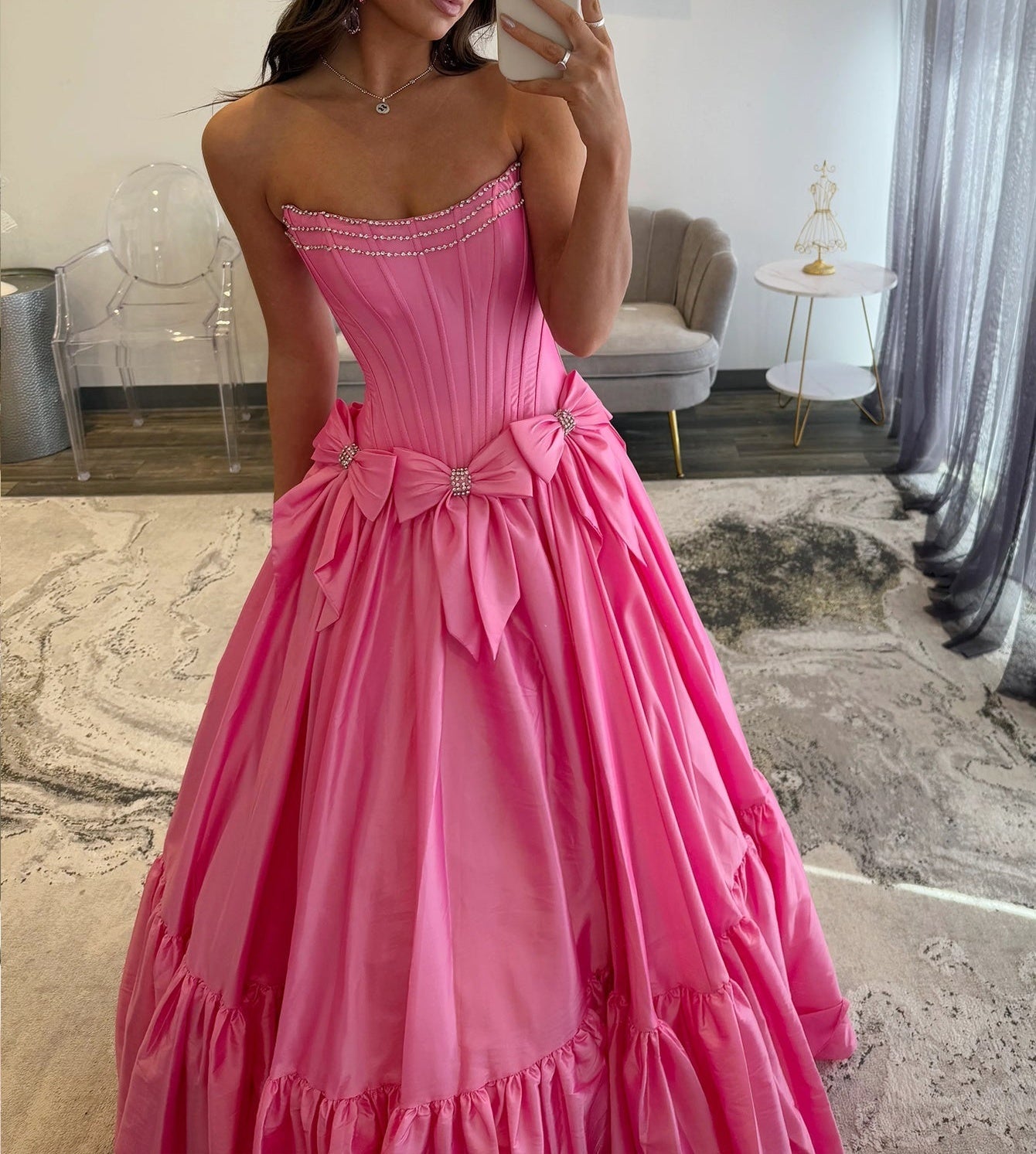 Crystal Boned Ball Gown Prom Dress With Bows - Hot Pink