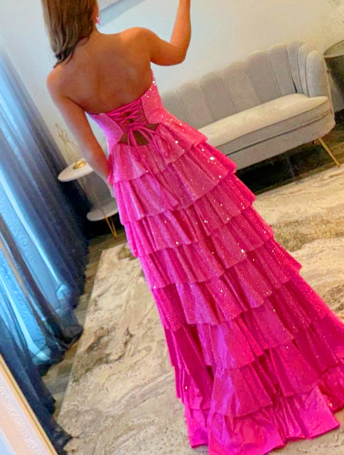 Cut Front Luxury Crystal Ruffle Ball Gown Prom Dress - Hot Pink