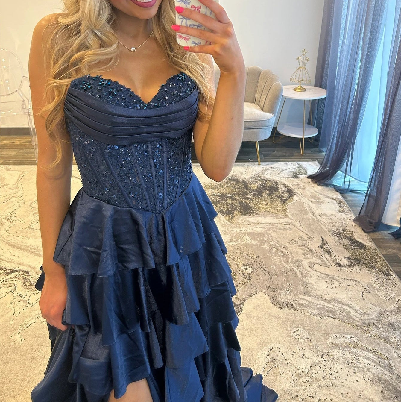 Lace Embroidery Boned Layered Ball Gown Prom Dress - Dark Blue
