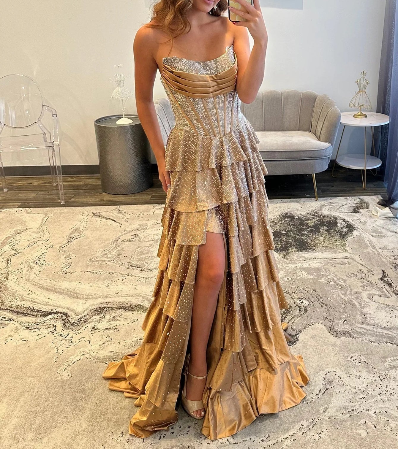 Luxury Crystal Boned Ruffle Ball Gown Prom Dress - Gold
