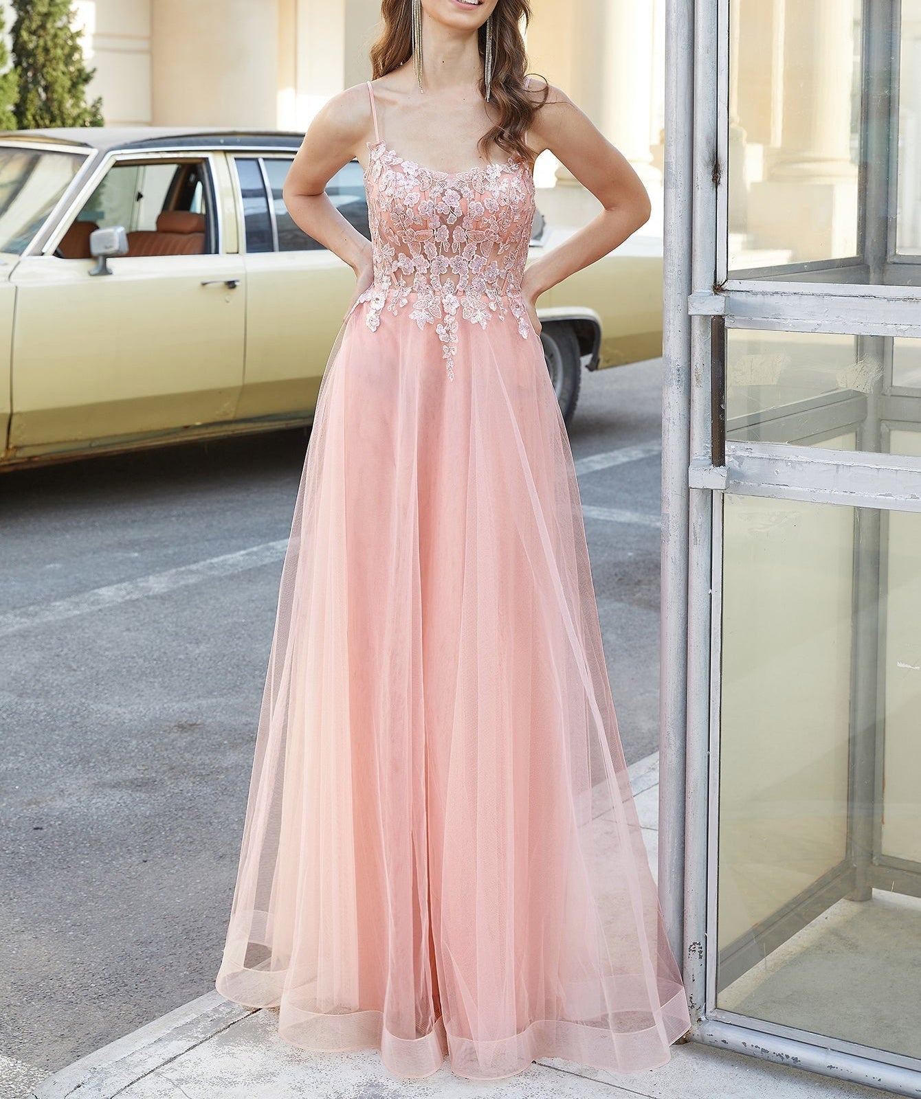 Square Lace Embroidery Ball Gown Prom Dress - Blush Pink
