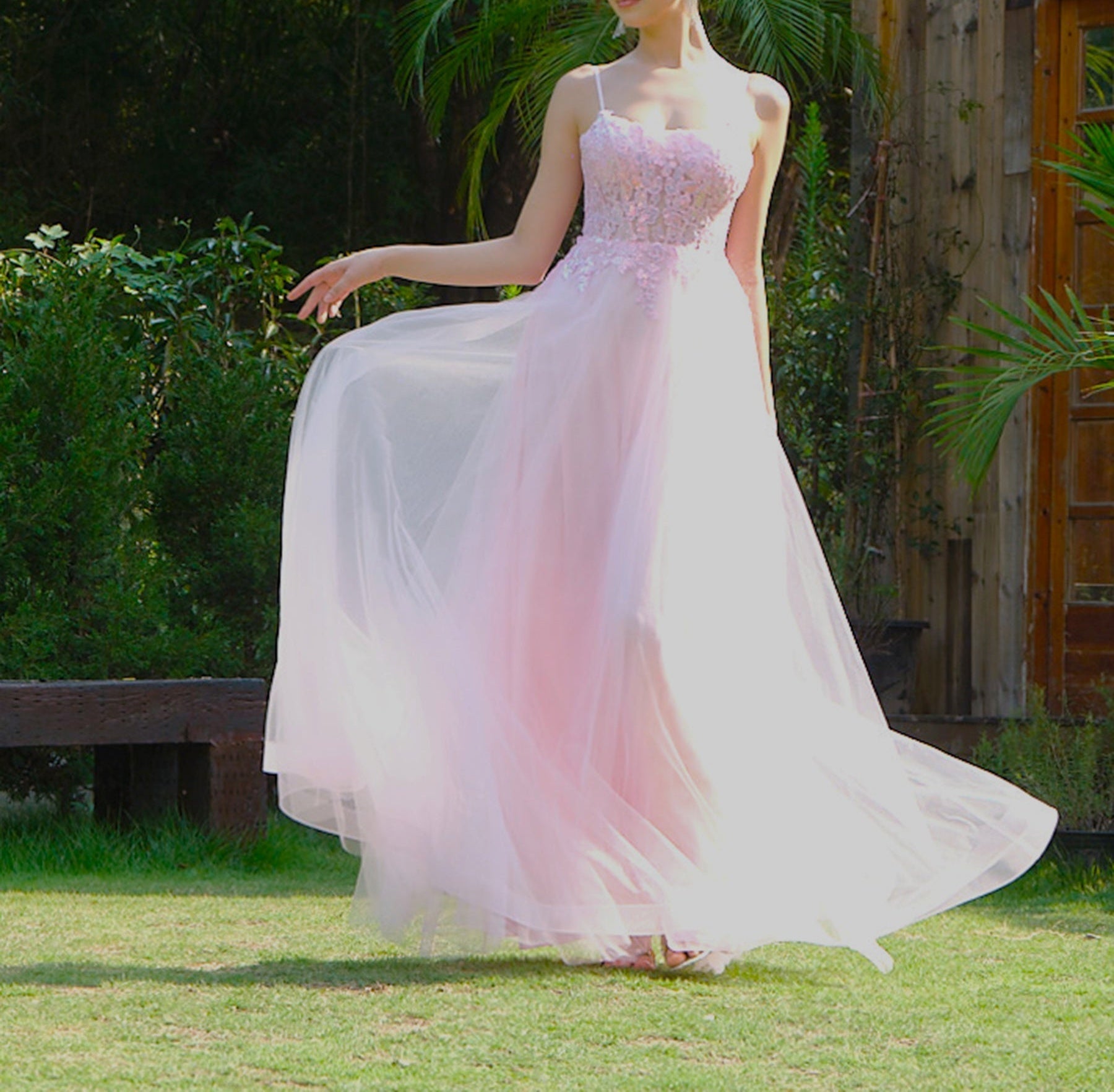 Square Lace Embroidery Ball Gown Prom Dress - Pink