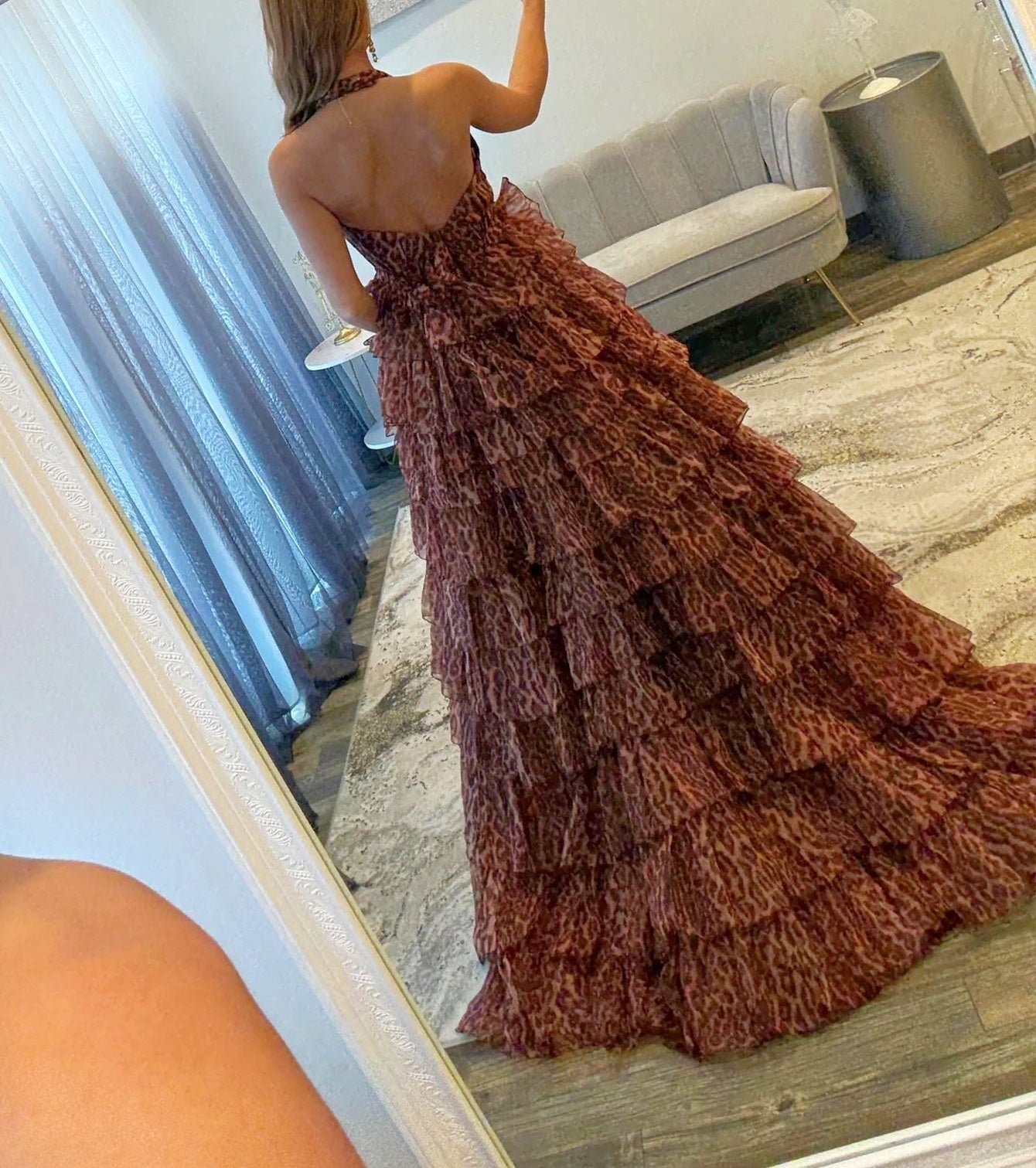 Halter Ruffle Tiered Printing Ball Gown Long Prom Dress - Leopard Print
