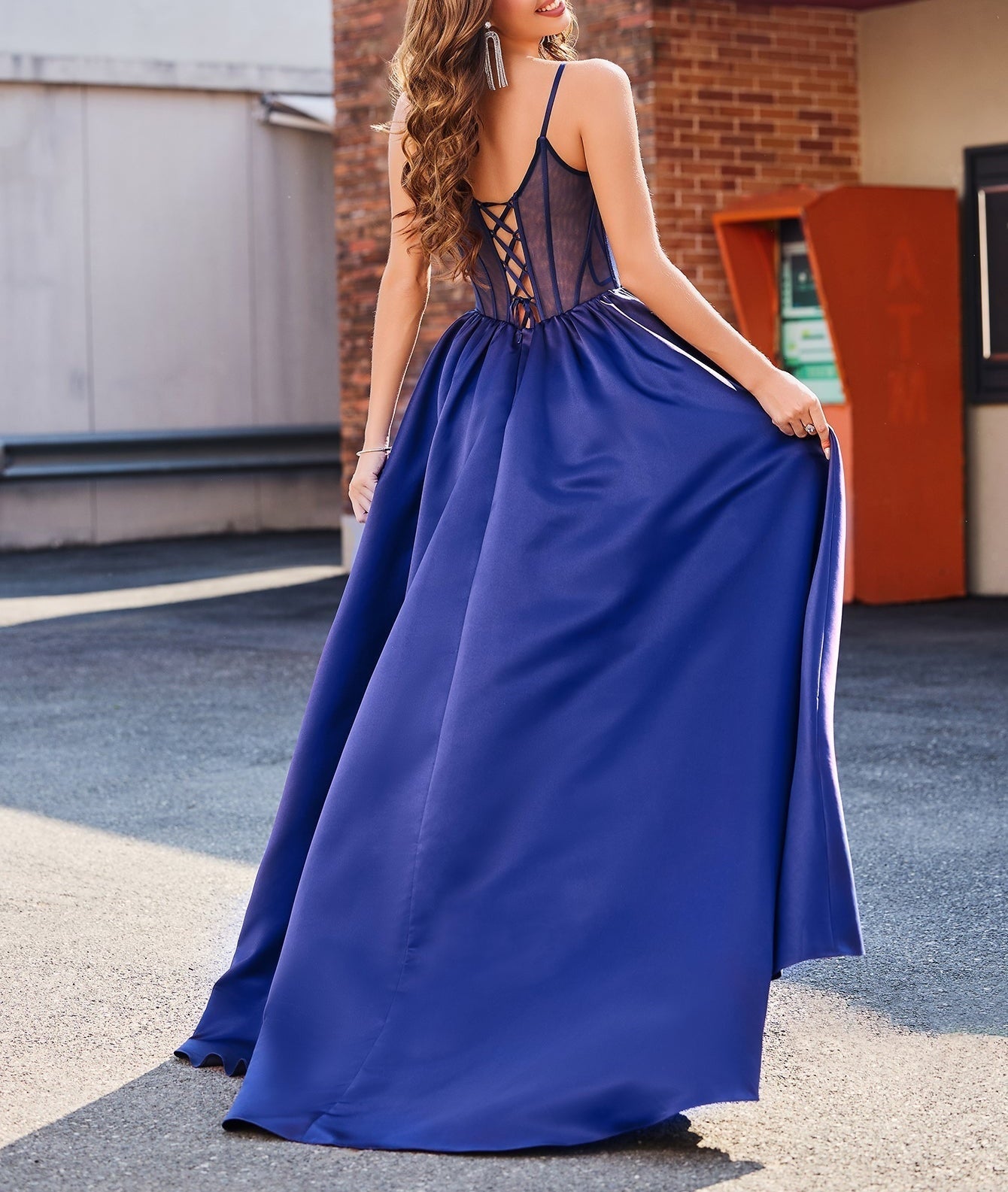 Illusion Bodice Beaded Spaghetti Strap A-Line Slit Prom Dress - Navy Blue