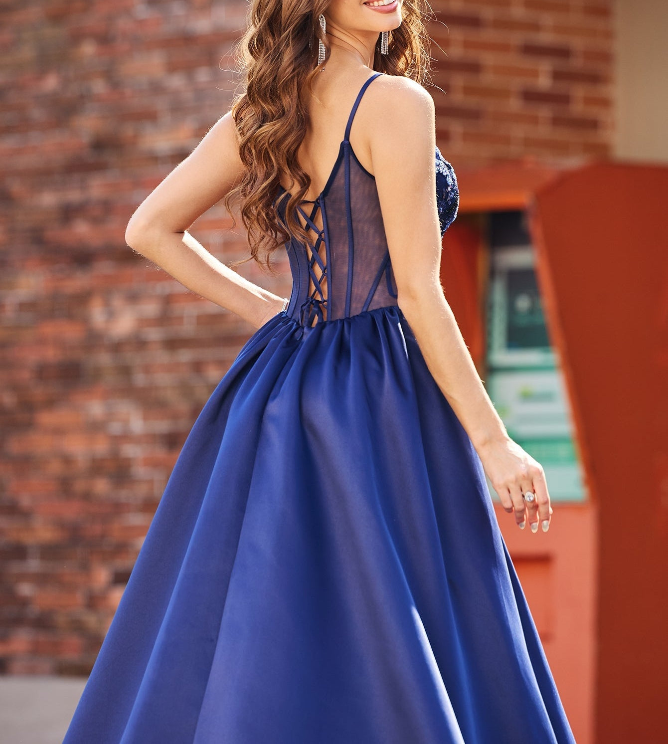 Illusion Bodice Beaded Spaghetti Strap A-Line Slit Prom Dress - Navy Blue