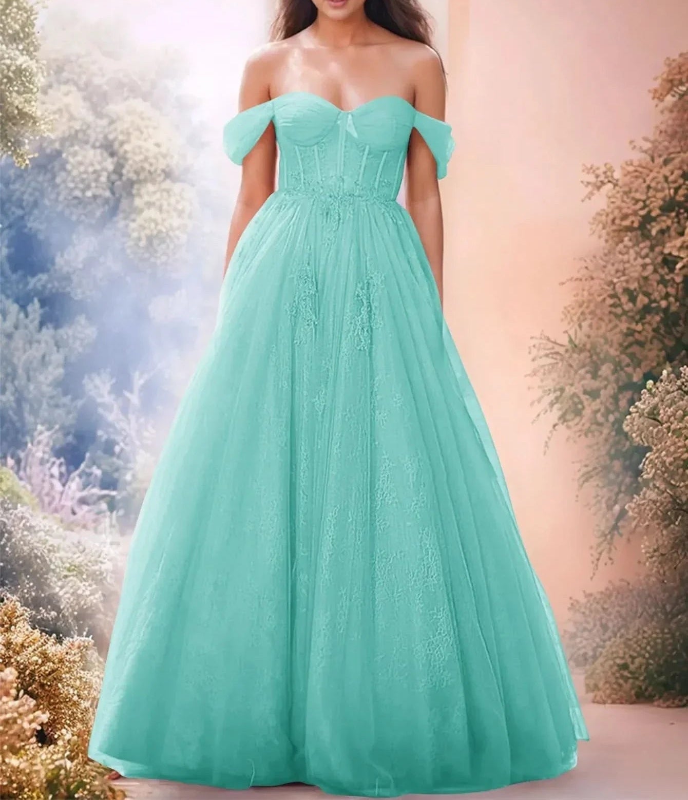Off Shoulder Bodice Embroidery Lace Ball Gown Evening Dress - Mint Green
