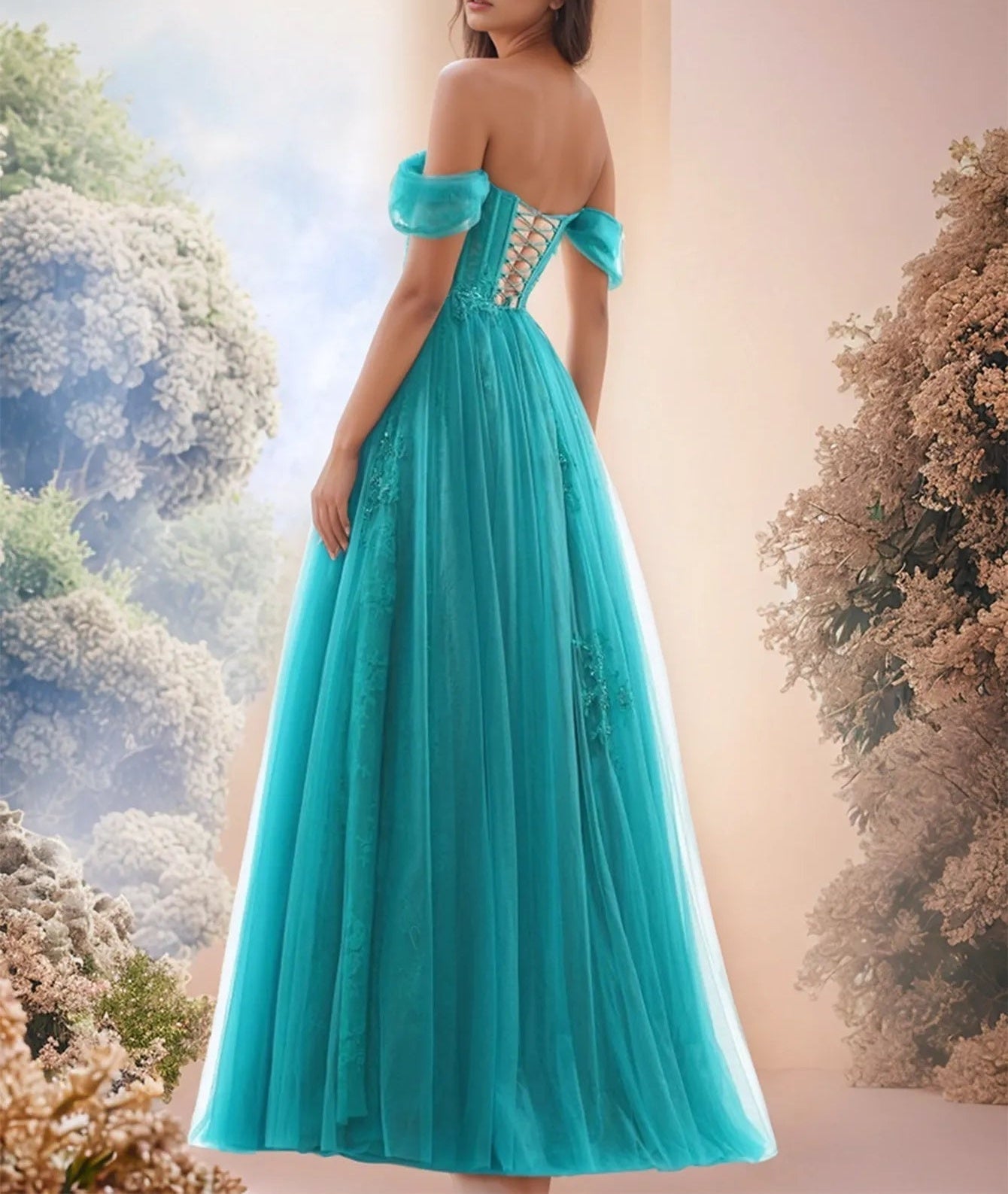 Off Shoulder Bodice Embroidery Lace Ball Gown Evening Dress - Mint Green