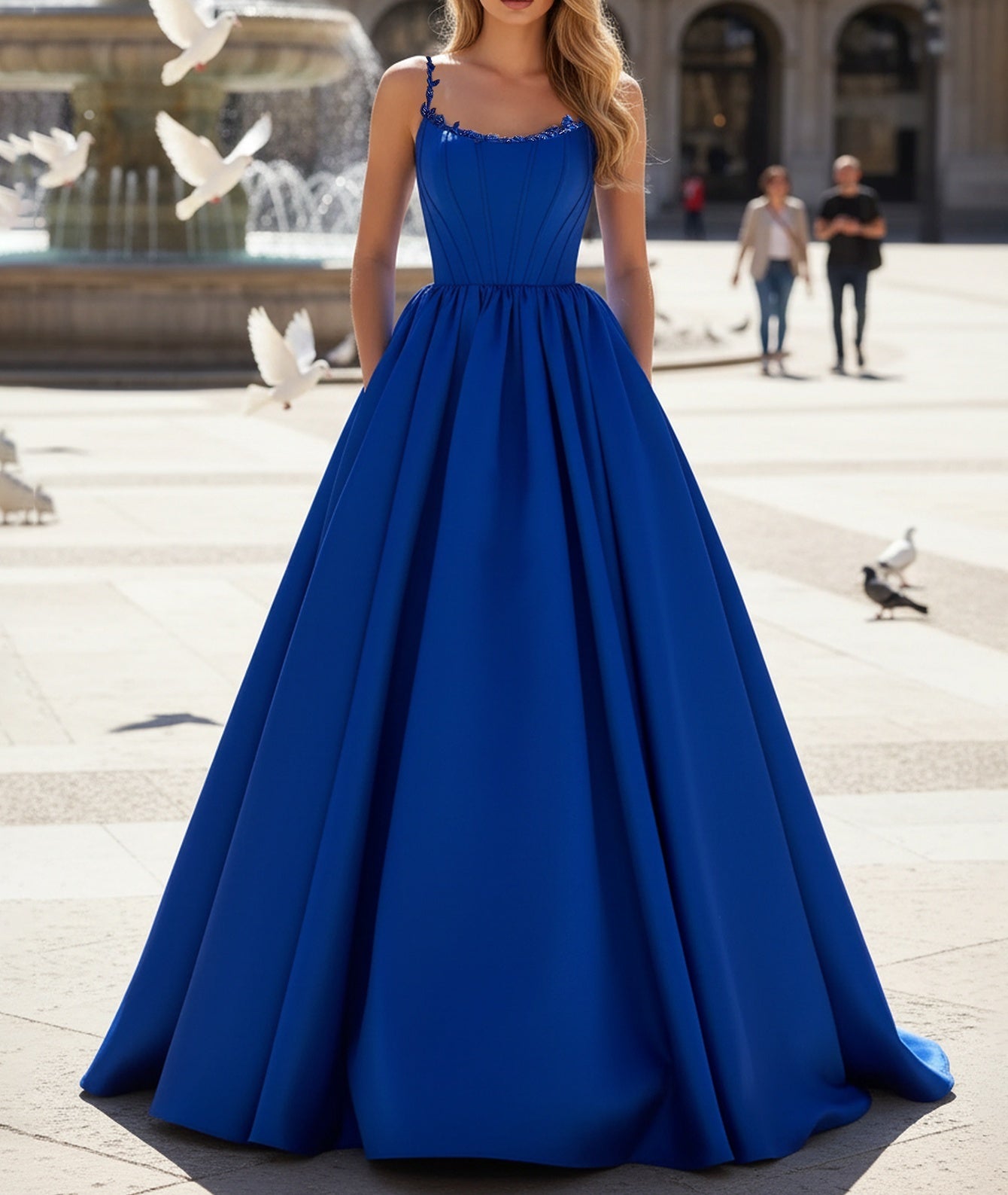 Spaghetti Straps Bodice Ball Gown Evening Dress - Royal Blue
