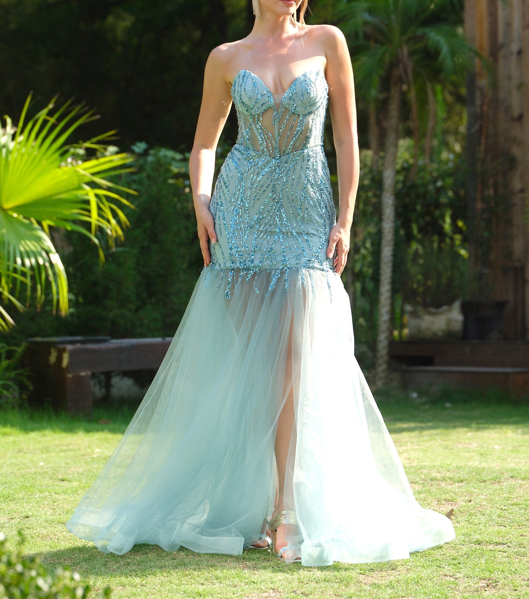 Sparkly Sequin Evening Dress with Lace Up Back - Blue
