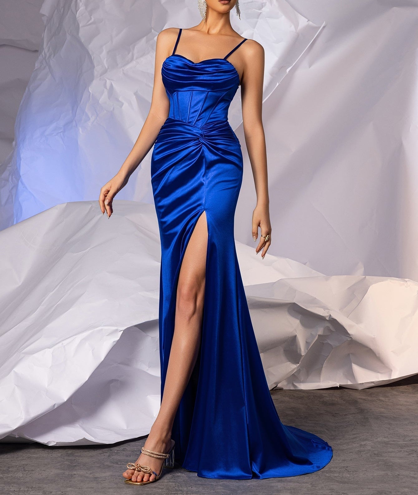 Pleated Boned Mermaid Satin Prom Dress With Slit - Royal Blue