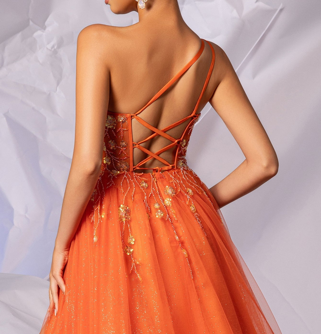 Asymmetrical Sparkly Lace Prom Dress Long - Orange