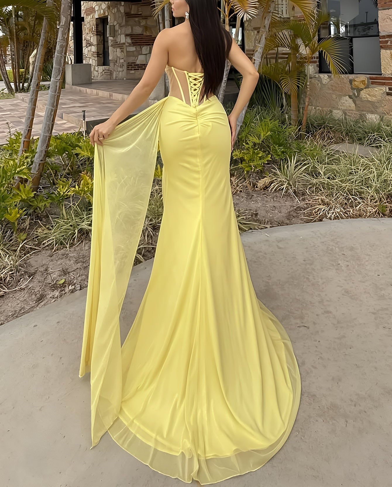 Sheer Bodice Chiffon Drop Waist Strapless Mermaid Prom Dress - Yellow