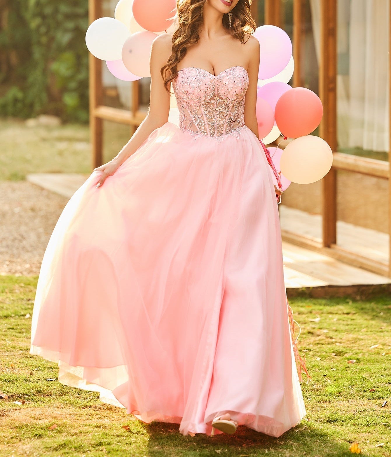 Luxury Sparkly Beads Strapless Lace Ball Gown Prom Dress - Light Pink