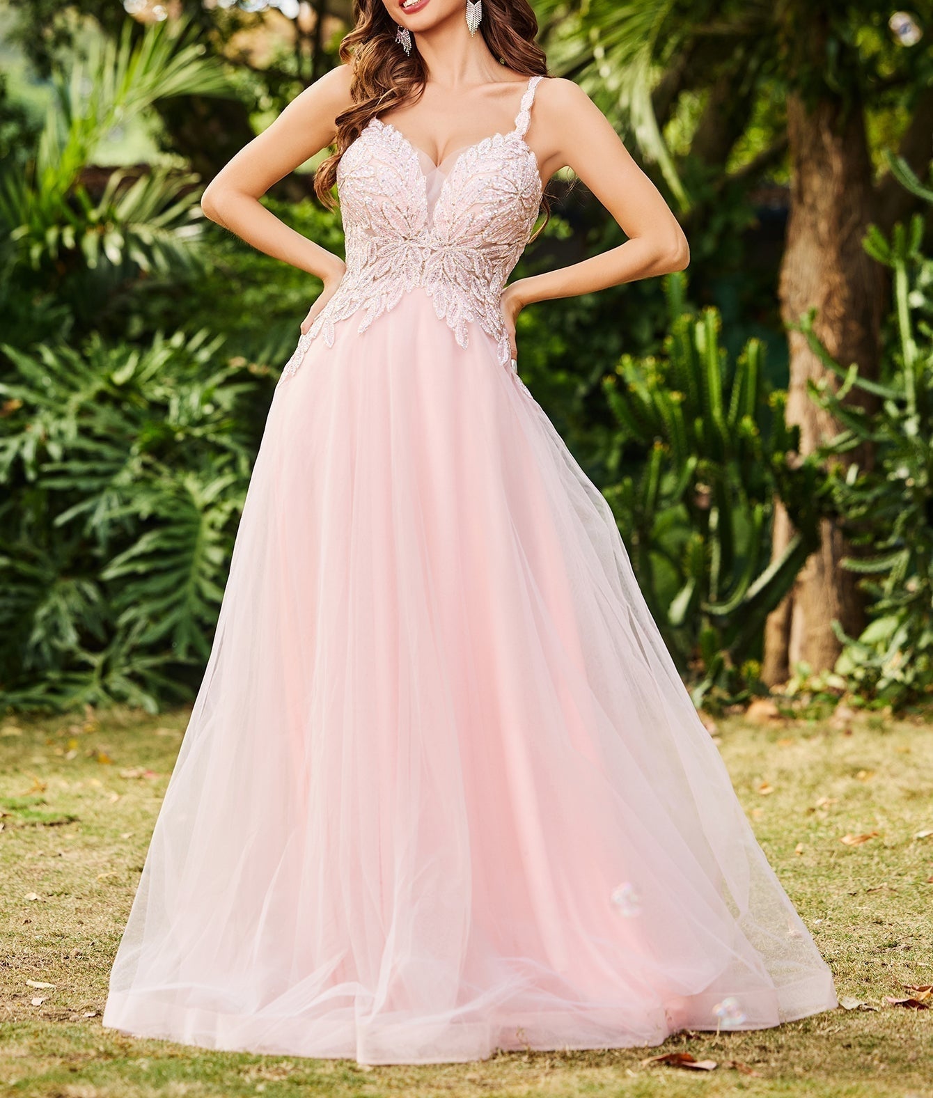 Pretty Hot Fix Sparkly Crystal Embroidery Ball Gown Prom Dress - Pink