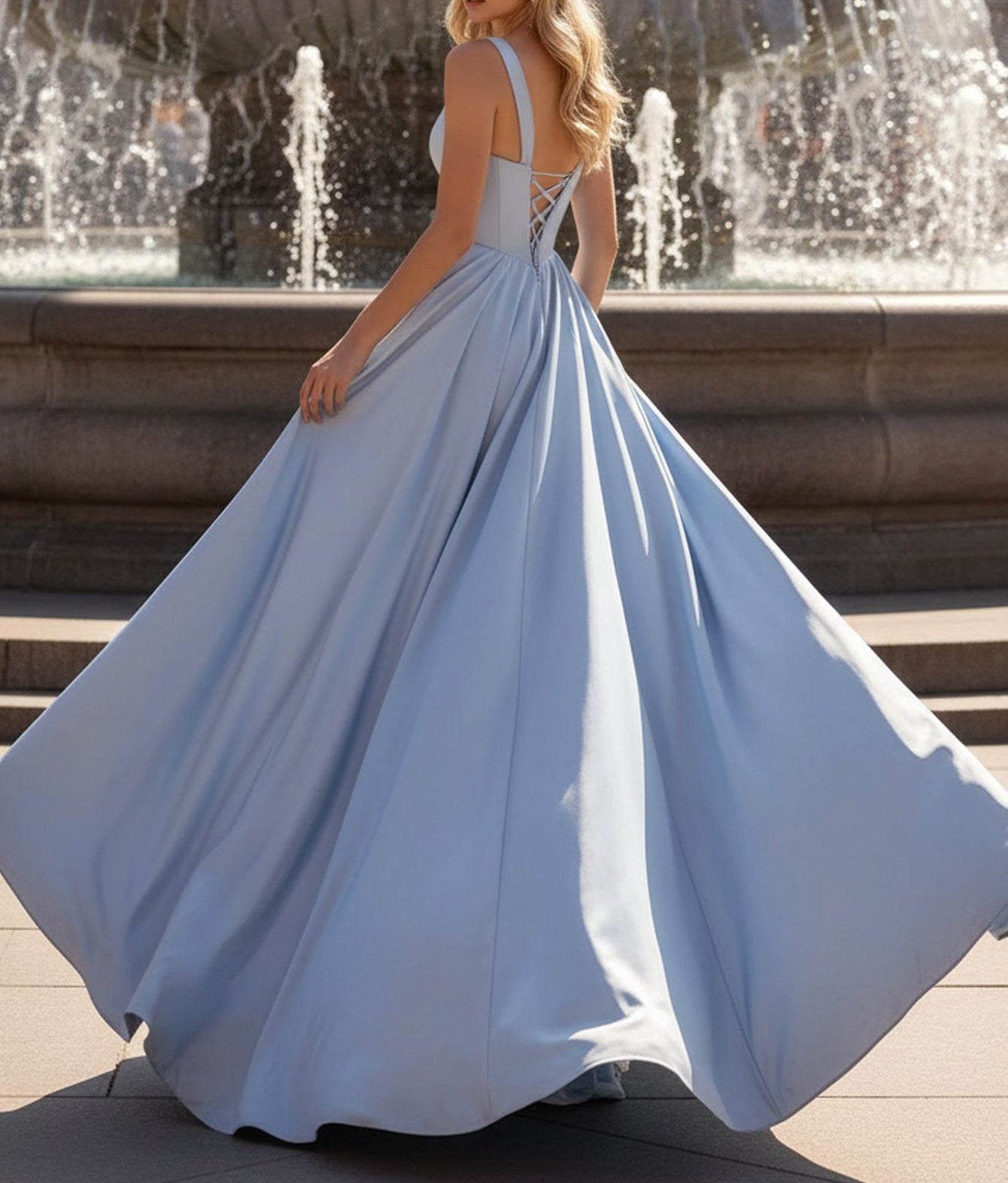 Tank Top Boned V Neck Ball Gown Prom Dress - Sky Blue