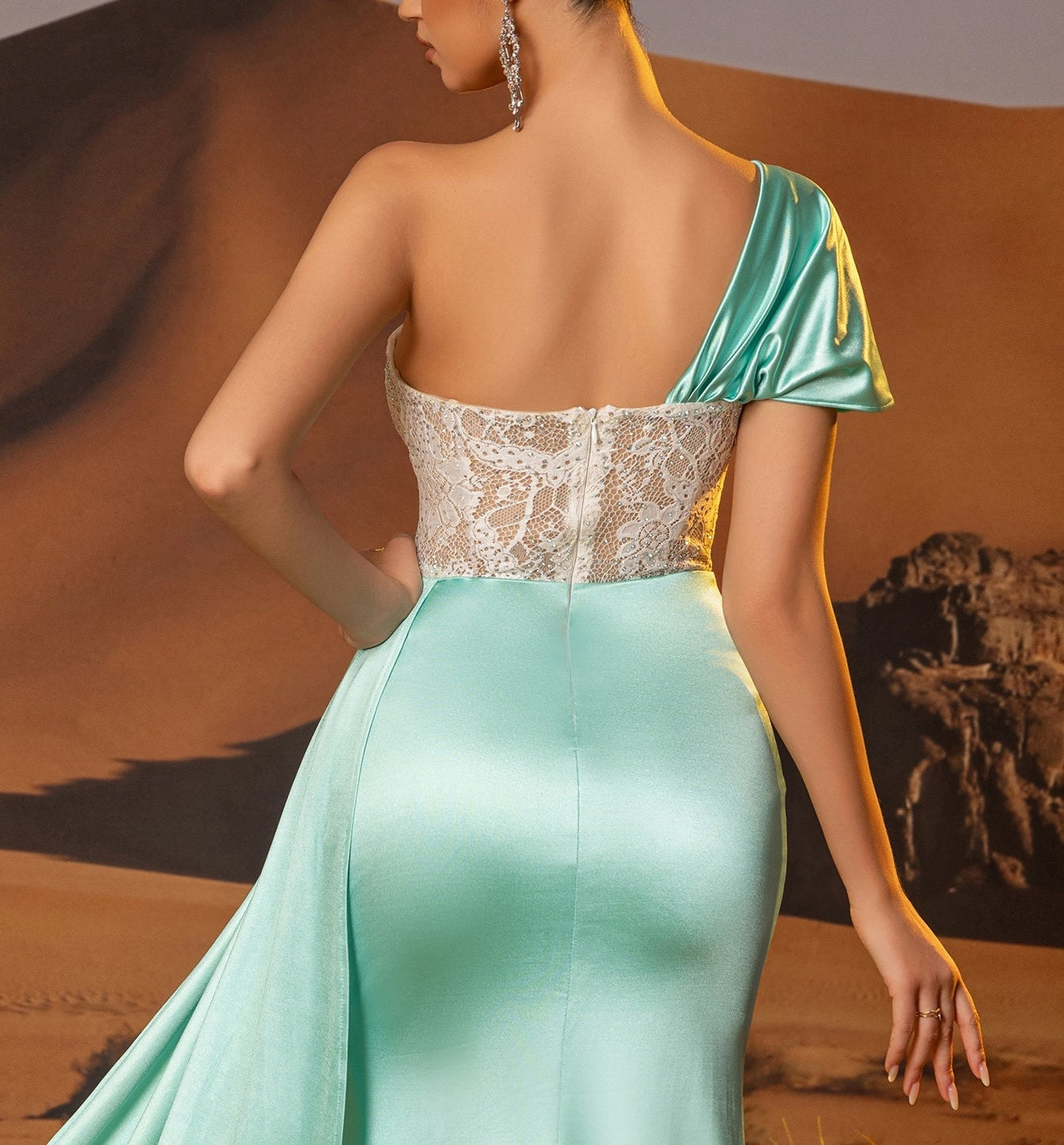 Hot Fix One Shoulder Lace Waist Drop Prom Dress - Mint Green