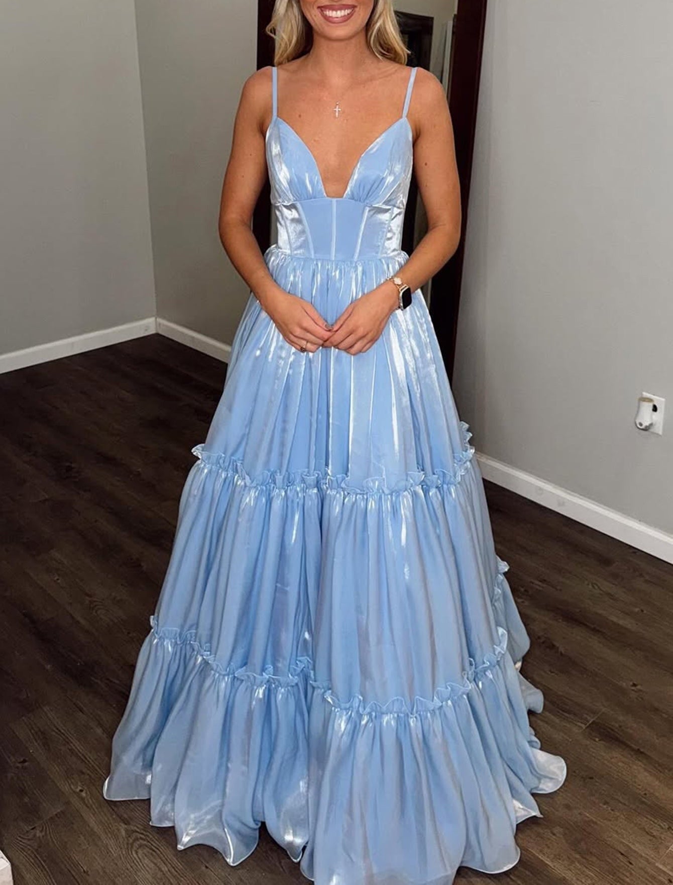Boned Layered Satin Ball Gown Prom Dress - Baby Blue