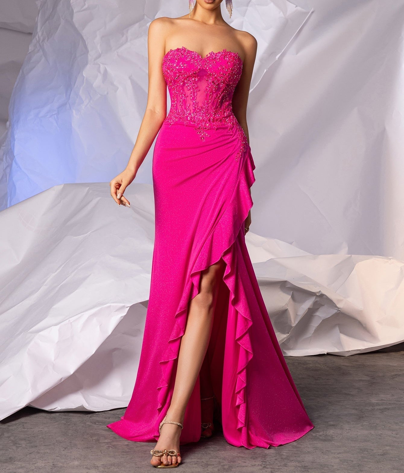 Crystal Lace Embroidery Mermaid Prom Dress With Ruffle - Hot Pink