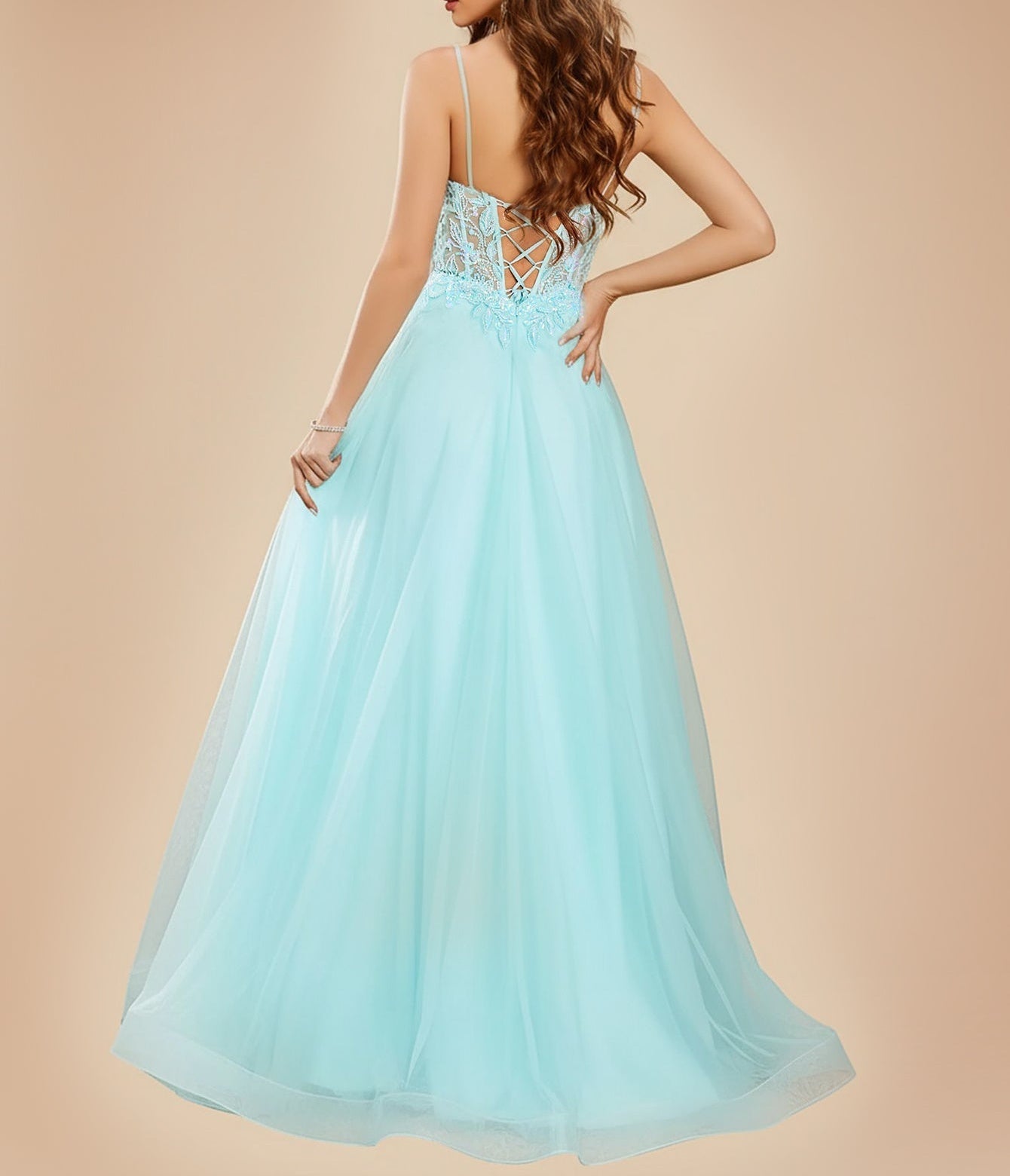 Luxury Beaded Sheer Bodice Ball Gown Prom Dress - Baby Blue