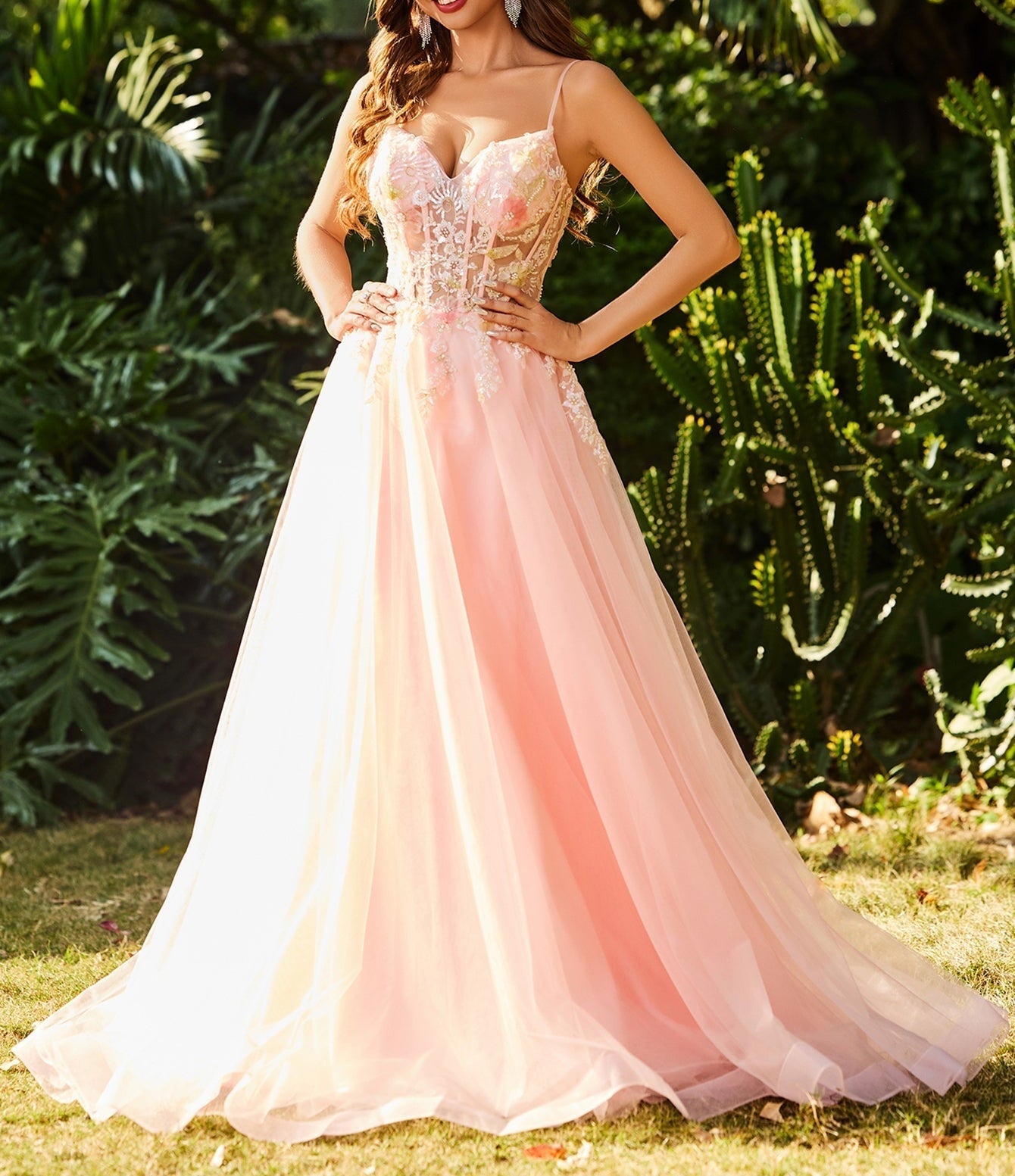 Beaded Lace Embroidery Boned Ball Gown Prom Dress - Pink