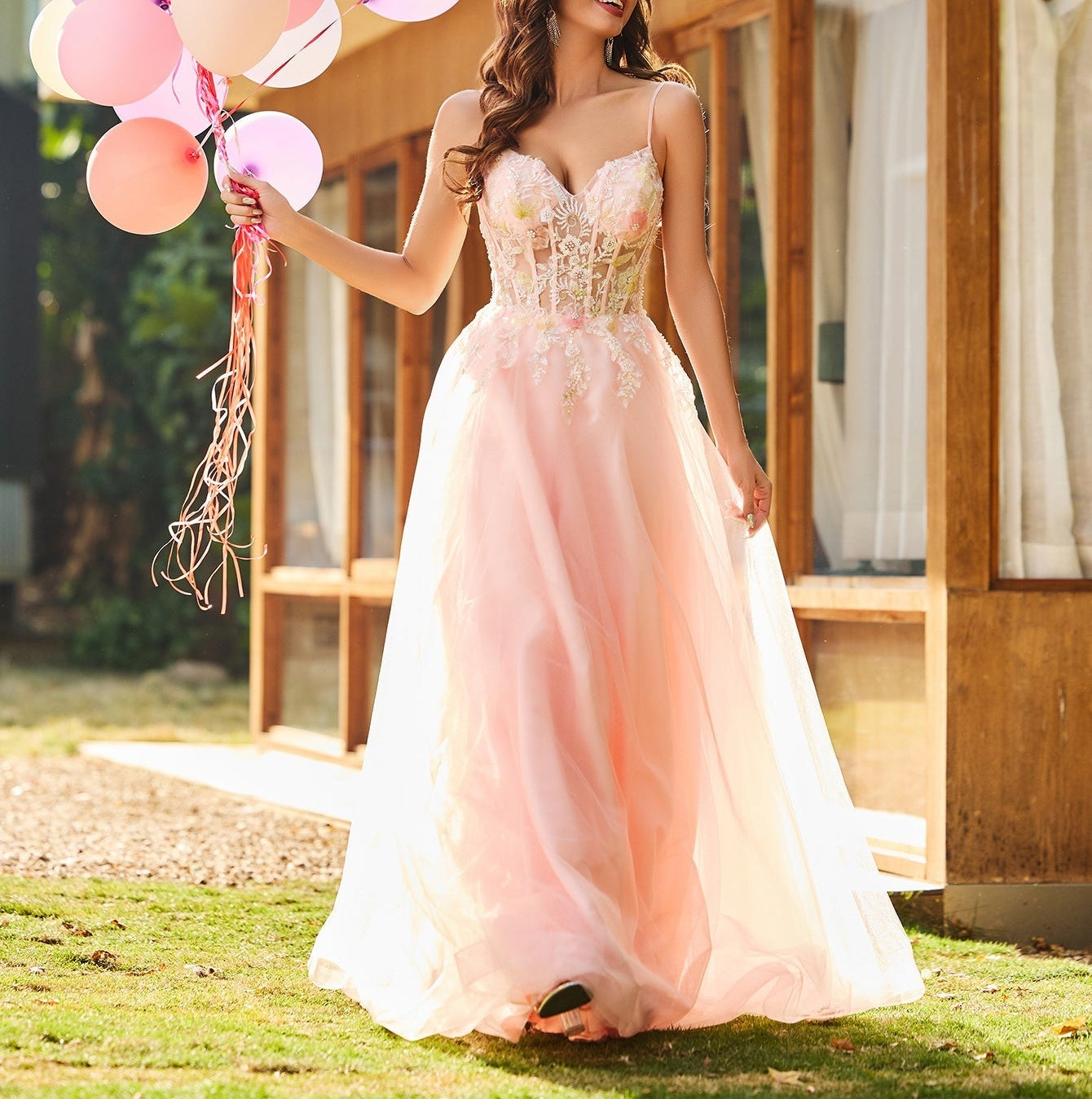 Beaded Lace Embroidery Boned Ball Gown Prom Dress - Pink