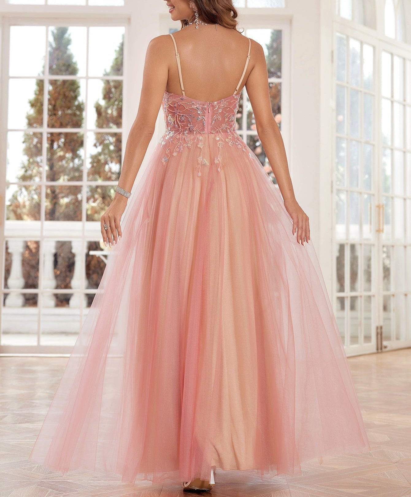 Lace Embroidery Deep V Neck Prom Dress Long - Pink