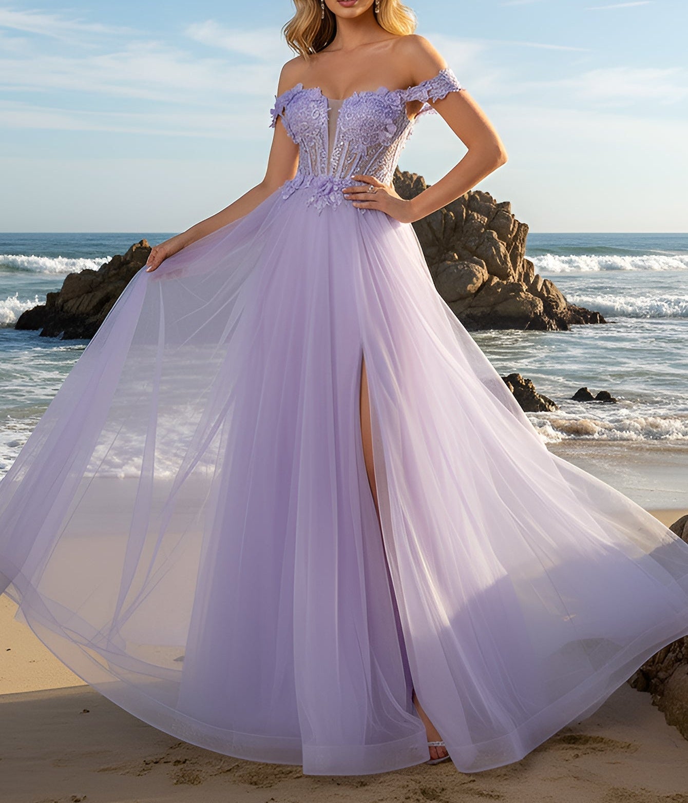 Hand Made Floral Beaded Prom Dress With Split - Lilac