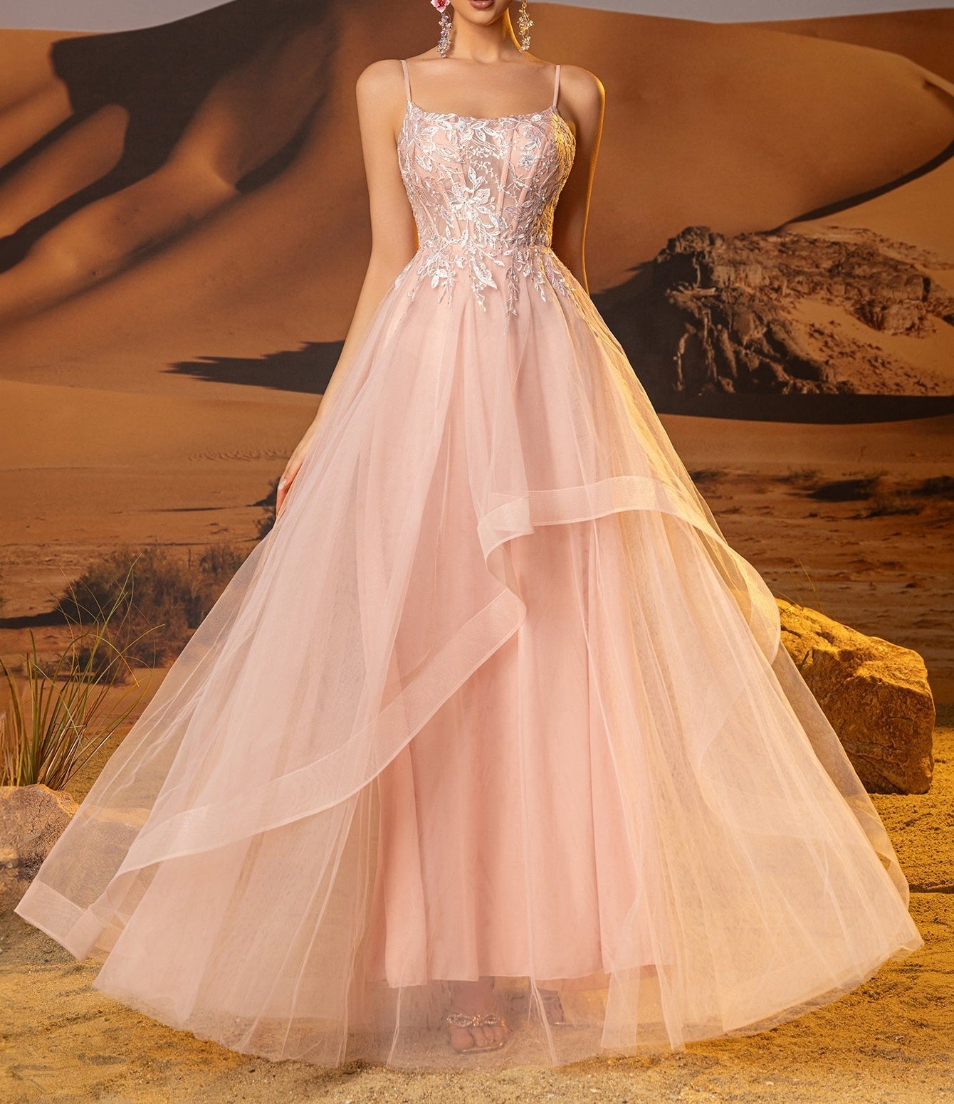 Illusion Bodice Leaf Lace Ball Gown Prom Dress - Pink